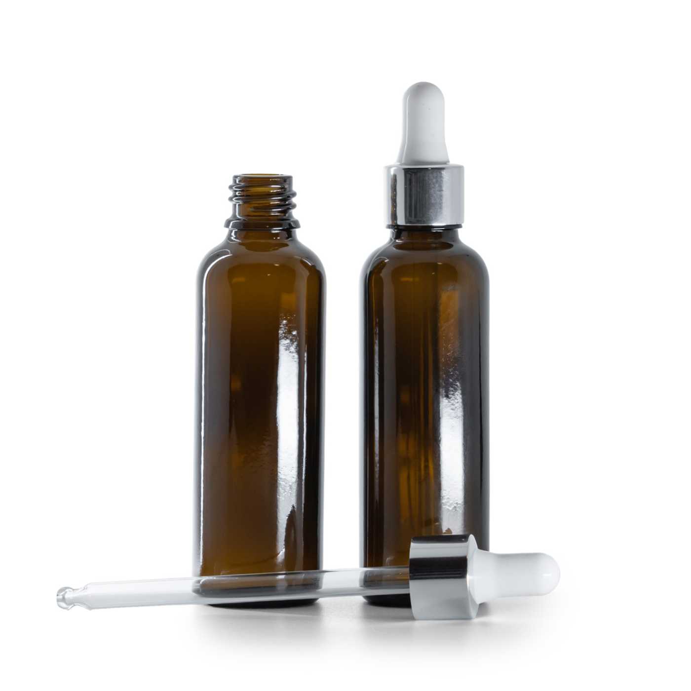 Szklana butelka apteczna, wysoka, błyszczący srebrny kroplomierz, 50 ml