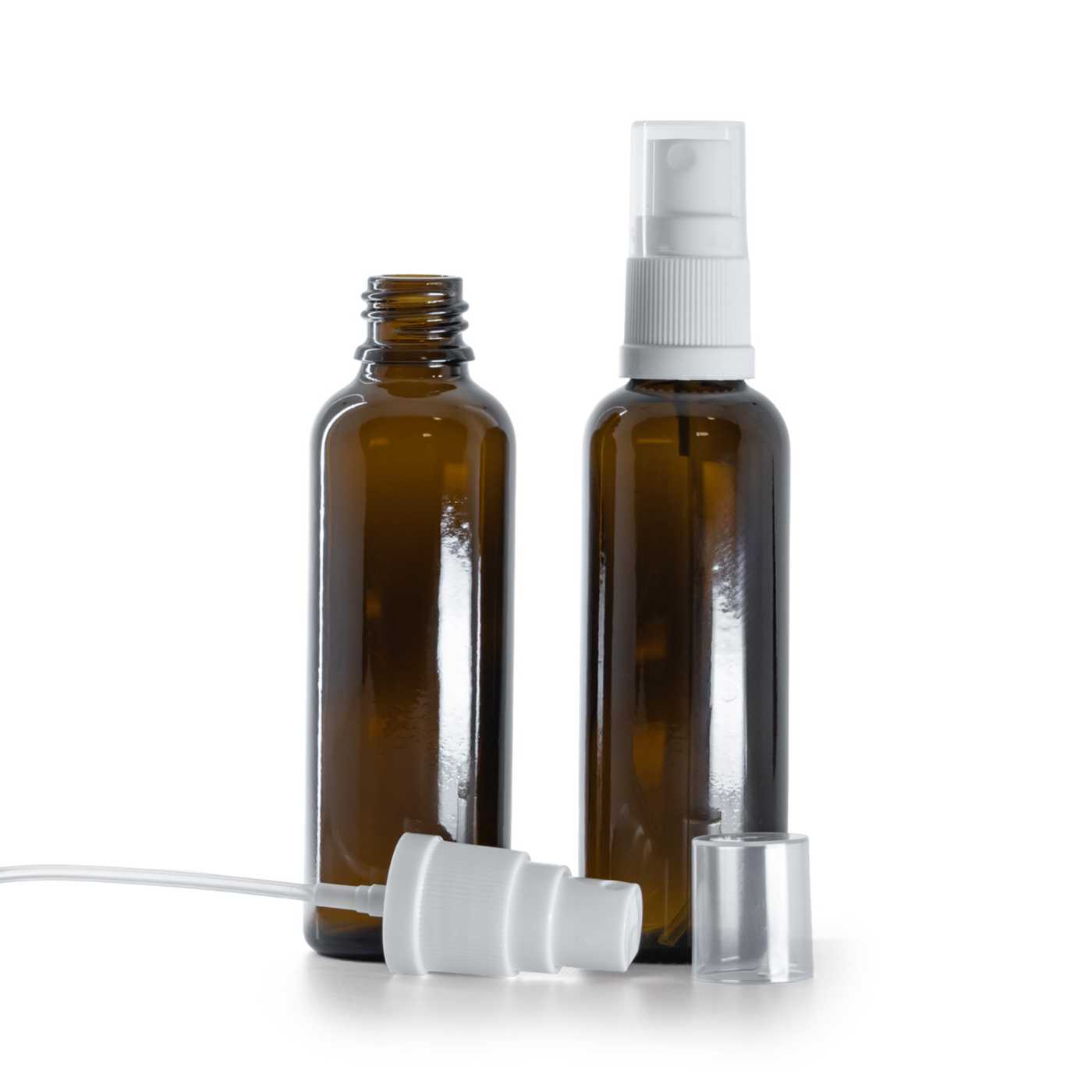 Flacon en verre ambré, fin, pulvérisateur blanc, 50 ml
