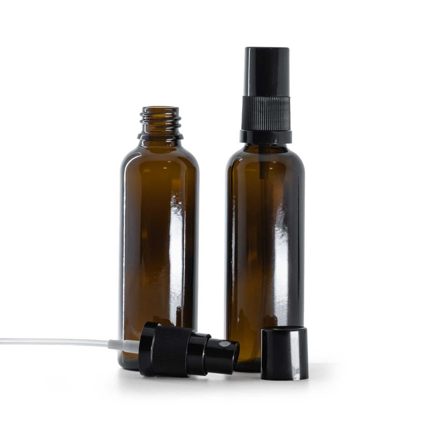 Butelka apteczna, wysoka, czarny atomizer, czarny kapturek, 50 ml
