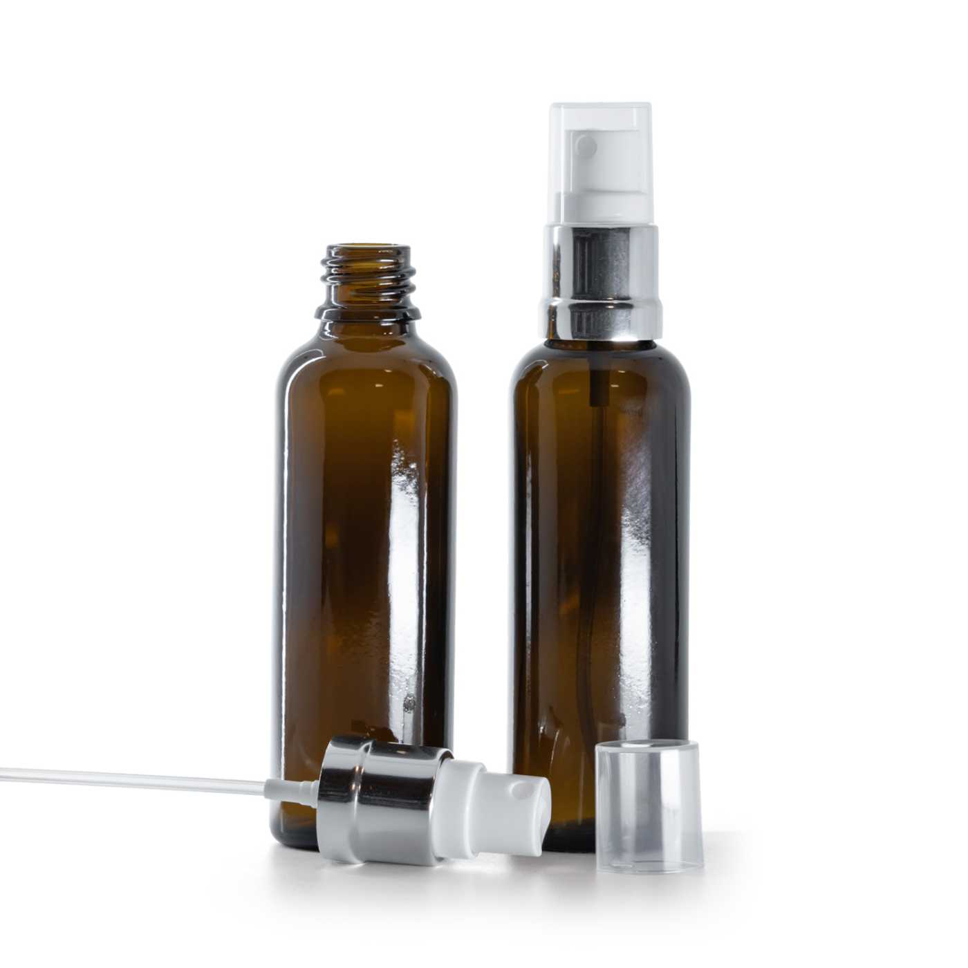 Butelka apteczna, wysoka, biało-srebrny atomizer, 50 ml