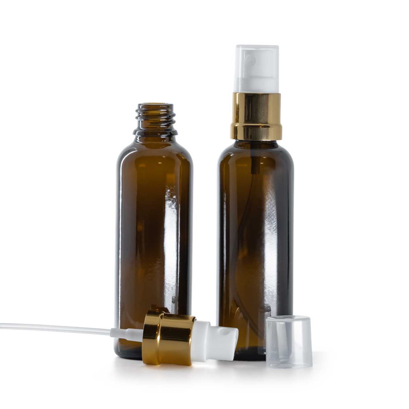 Flacon en verre ambré, fin, pompe spray blanc-or, 50 ml