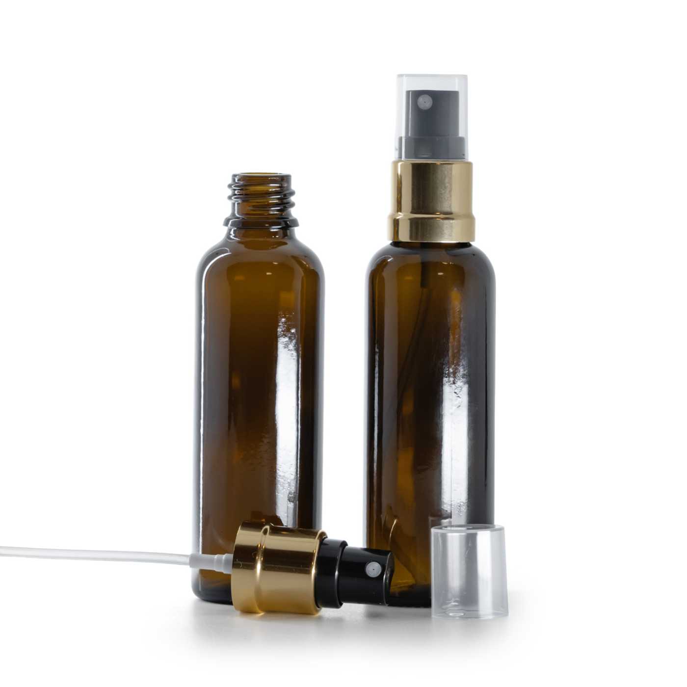Flacon en verre ambré fin avec pompe spray noir et or 50 ml