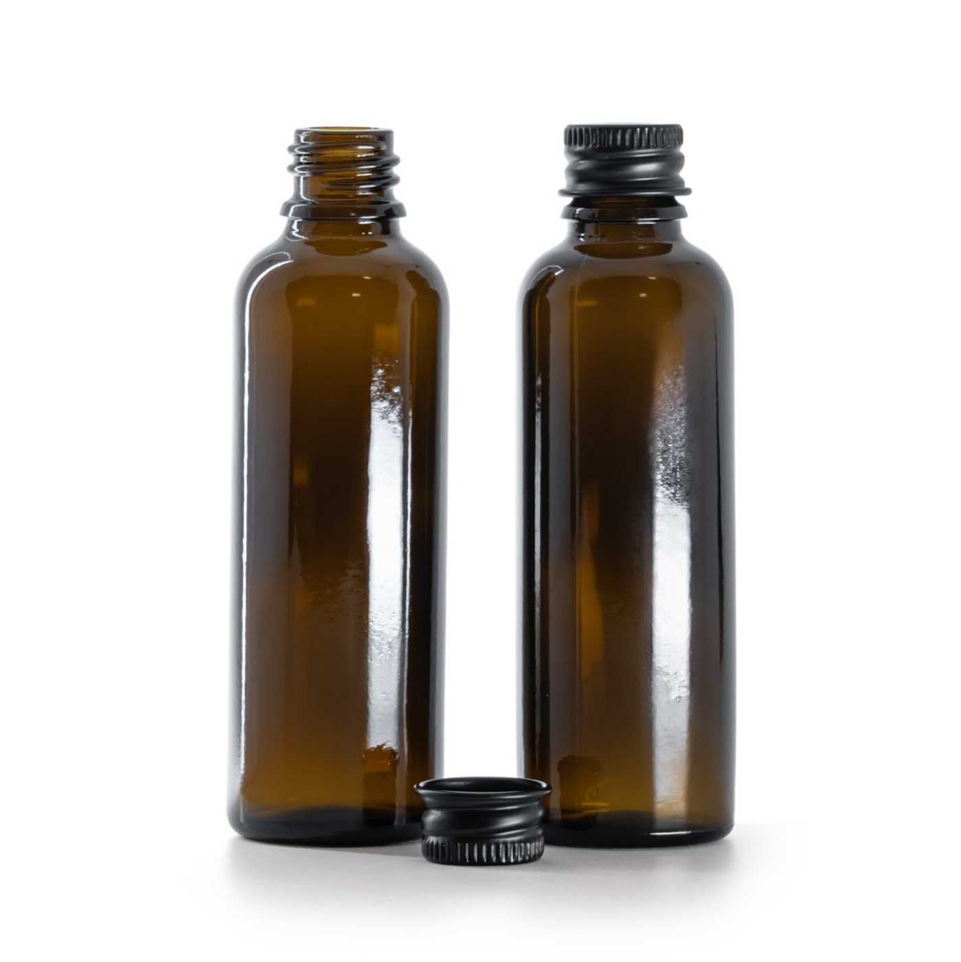 Flacon en verre ambré fin bouchon en aluminium noir 50 ml