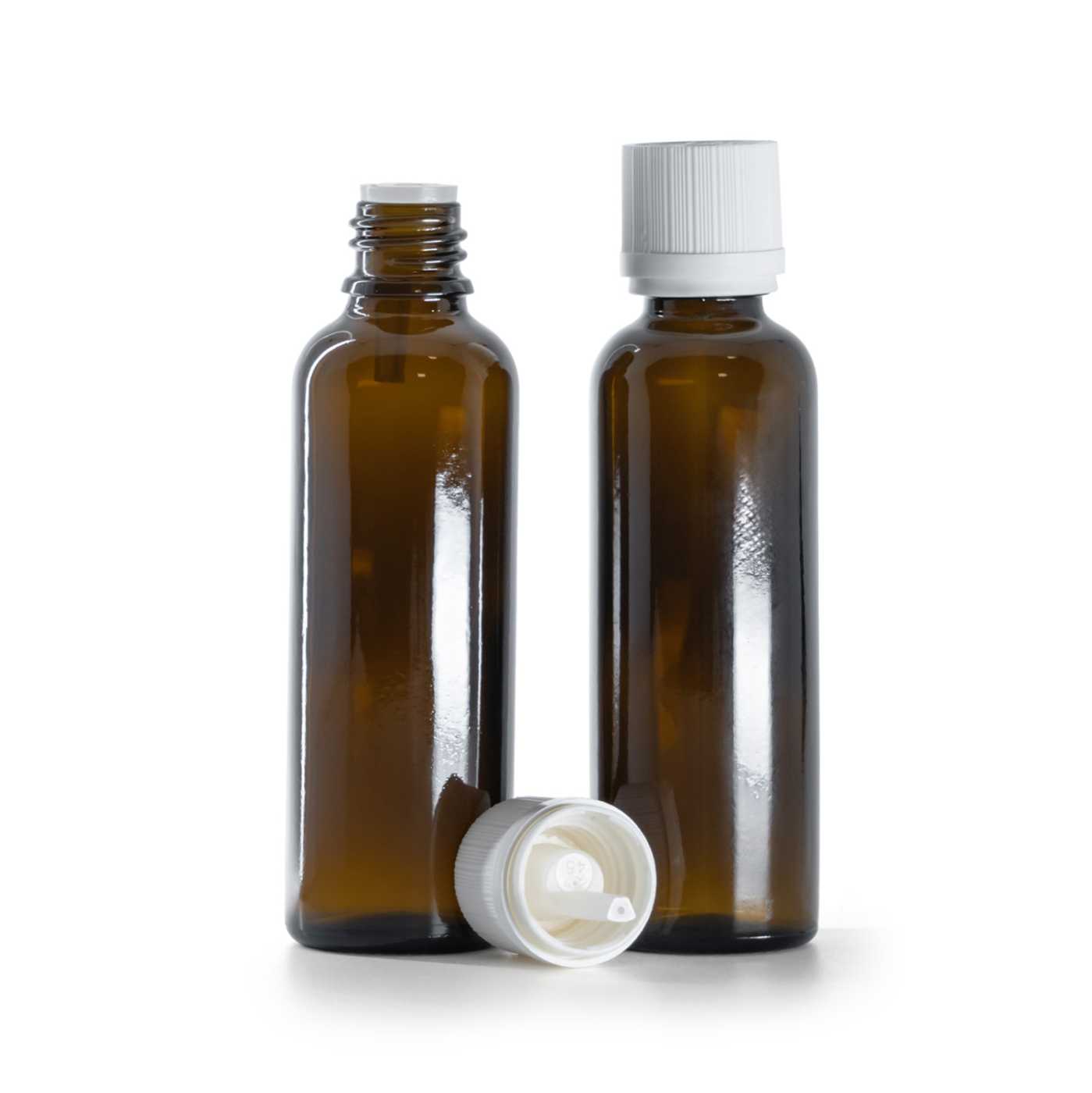 Flacon en verre ambré, fin, bouchon inviolable blanc avec compte-gouttes, 50 ml