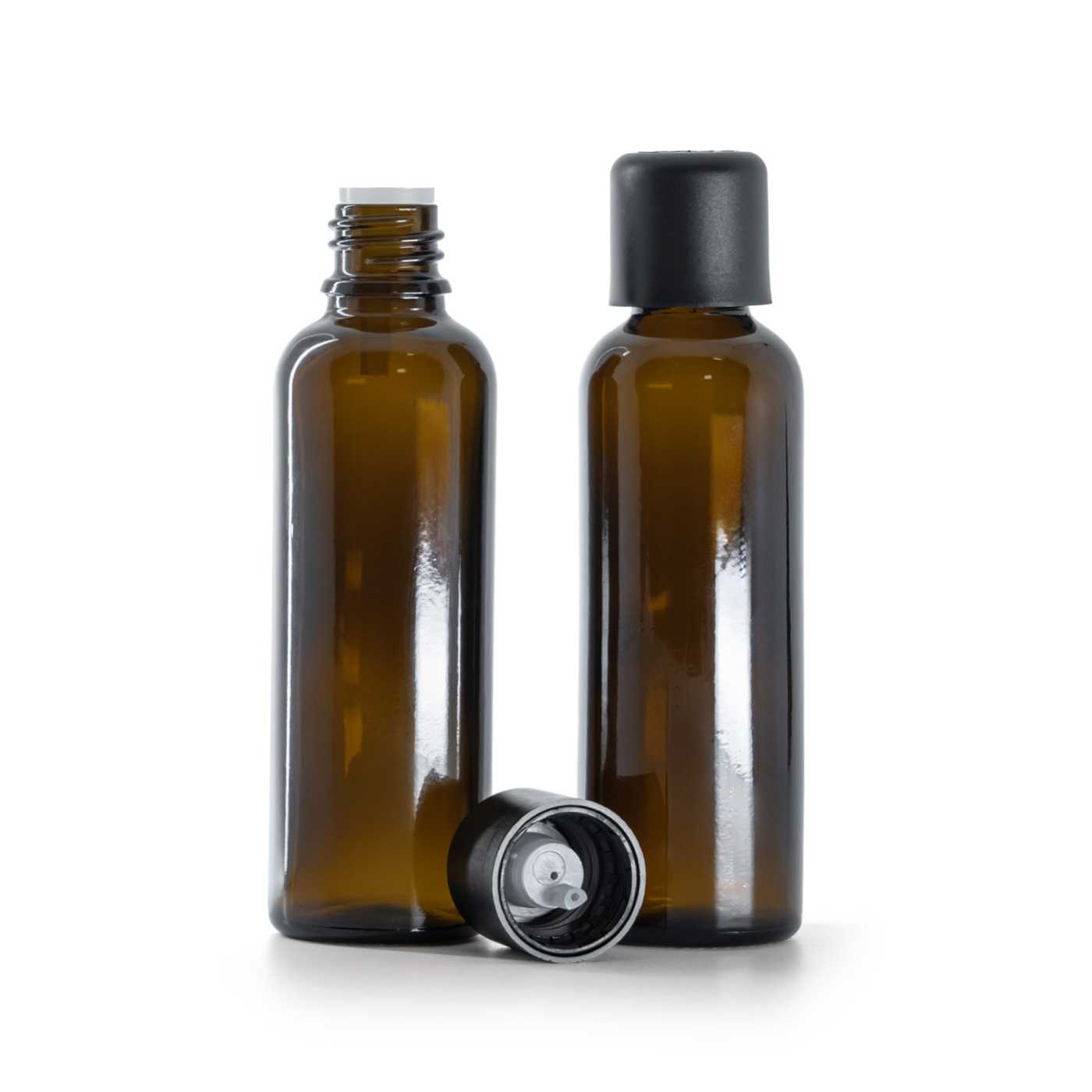 Szklana butelka apteczna, wysoka, czarna nakrętka z zabezpieczeniem, 50 ml