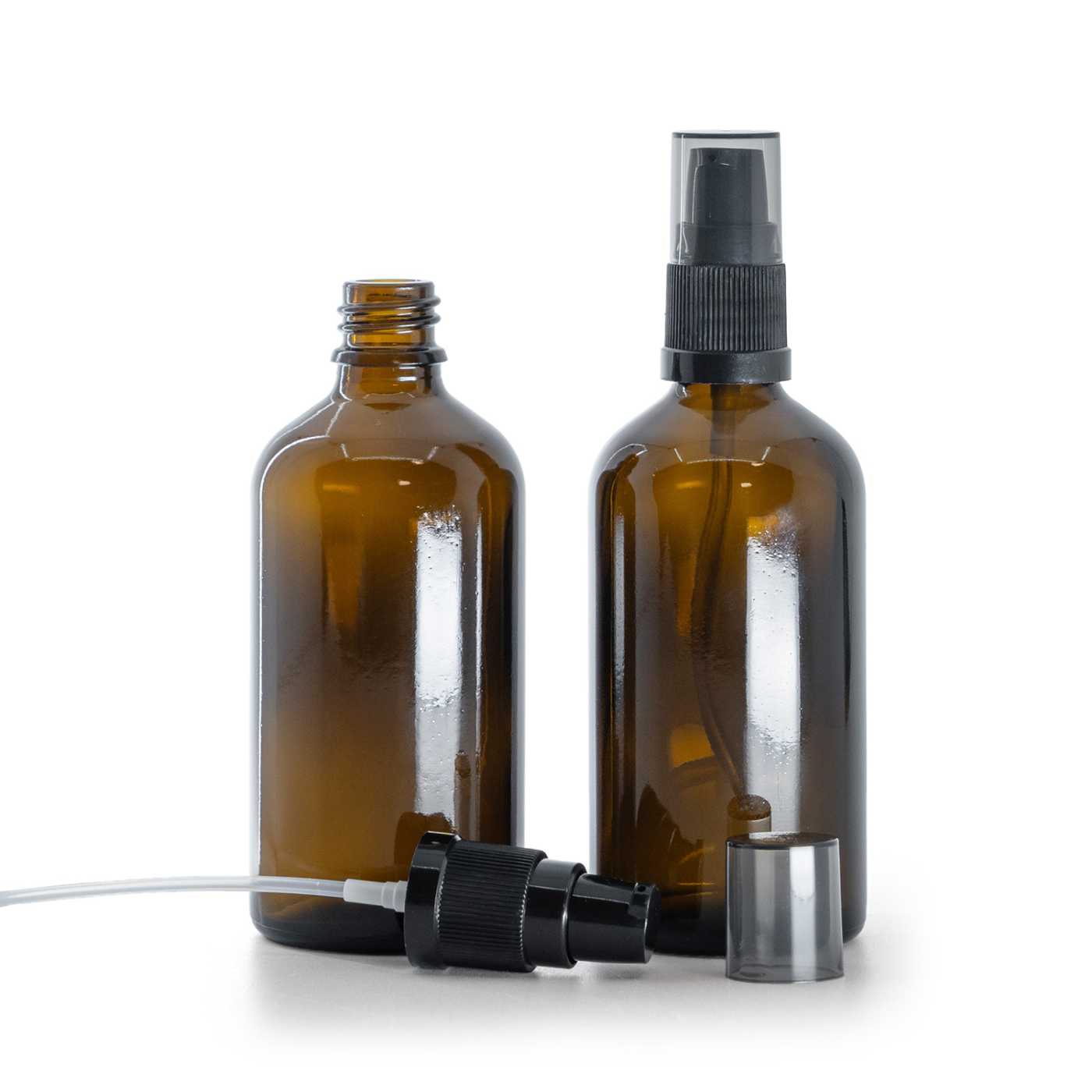 Butelka szklana apteczna, pompka do kremów z przydymionym kapturkiem, 100 ml