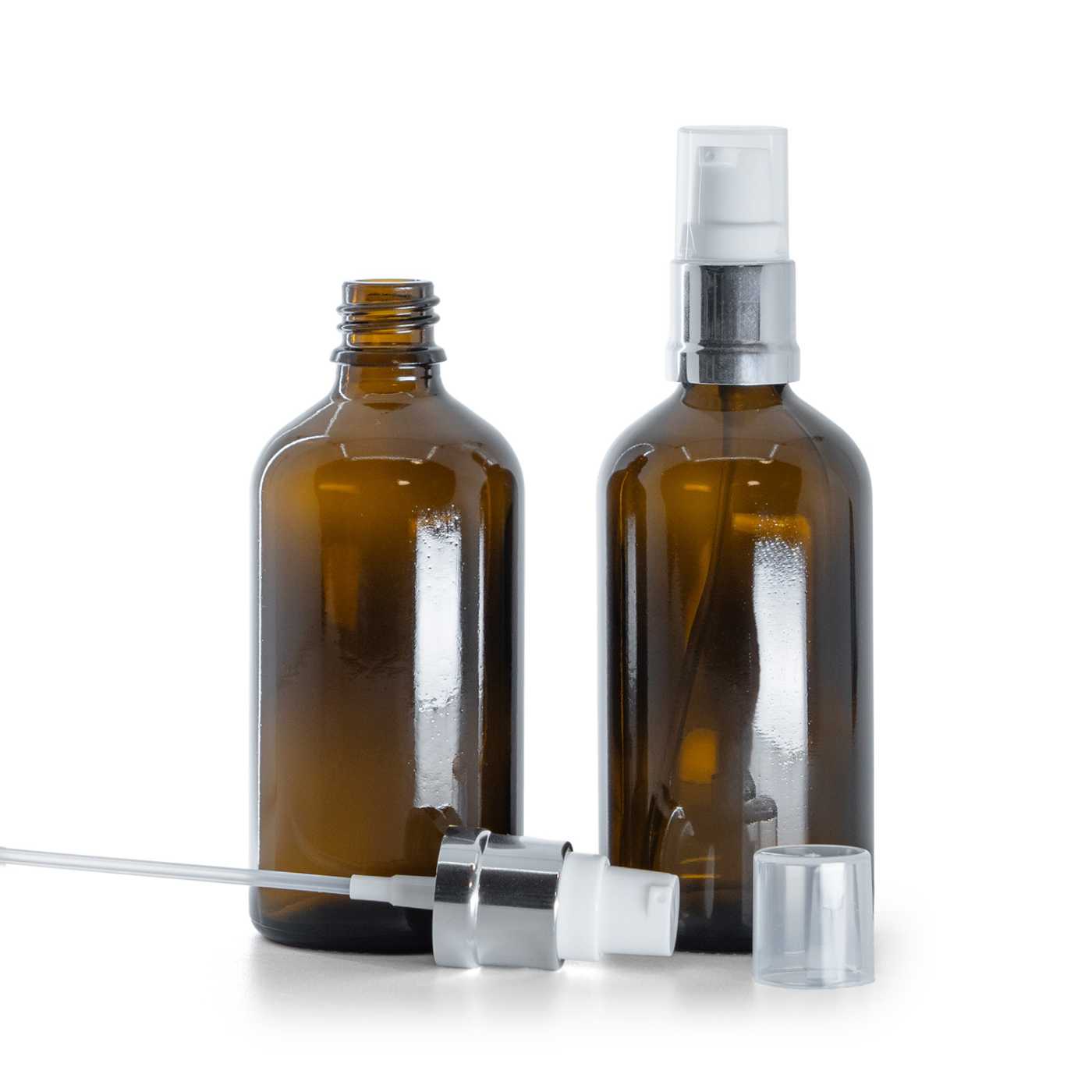 Butelka szklana apteczna, brązowa, biało-srebrny błyszczący dozownik, 100 ml
