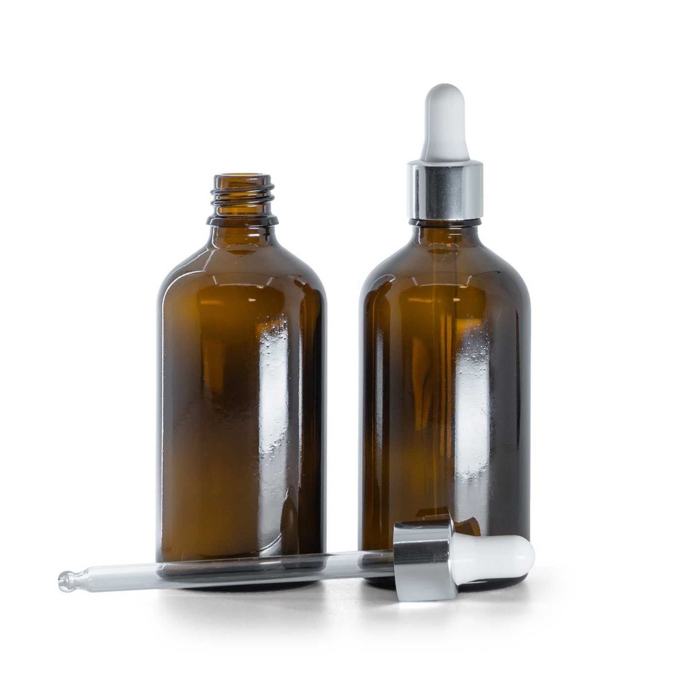Butelka szklana apteczna, kroplomierz srebrny błyszczący, 100 ml