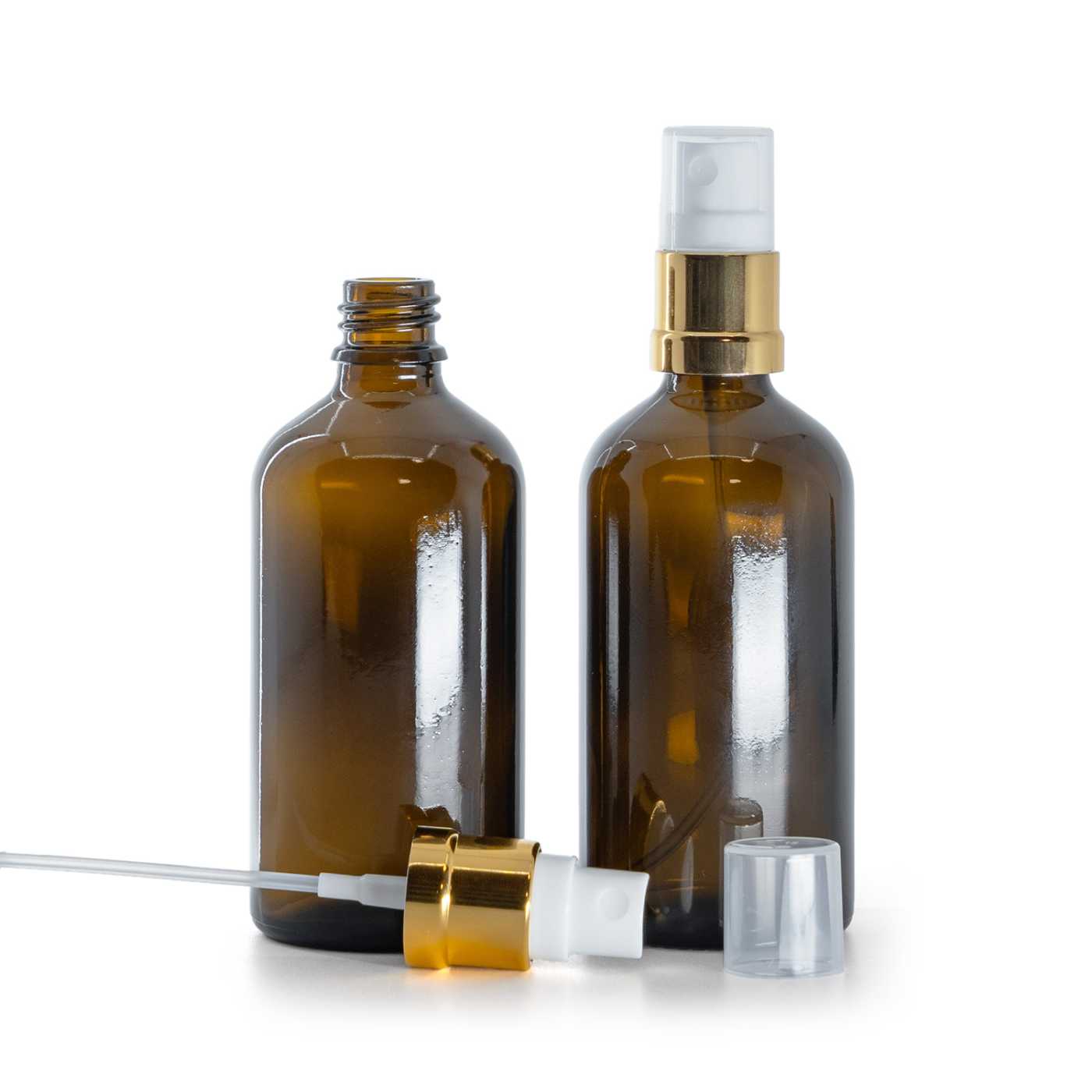 Butelka szklana, apteczna, biało-złoty atomizer, 100 ml