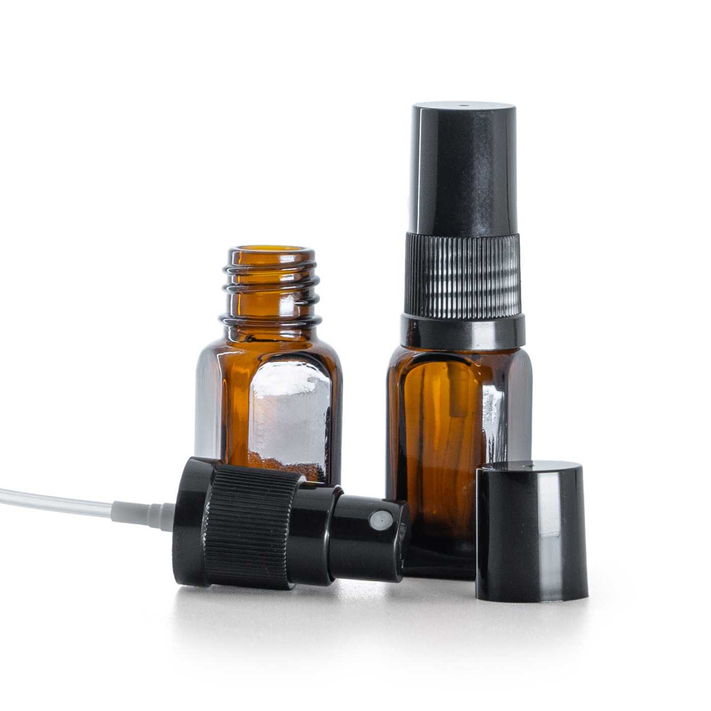 Butelka szklana, kwadratowa prosta, czarny atomizer, czarny kapturek, 10 ml