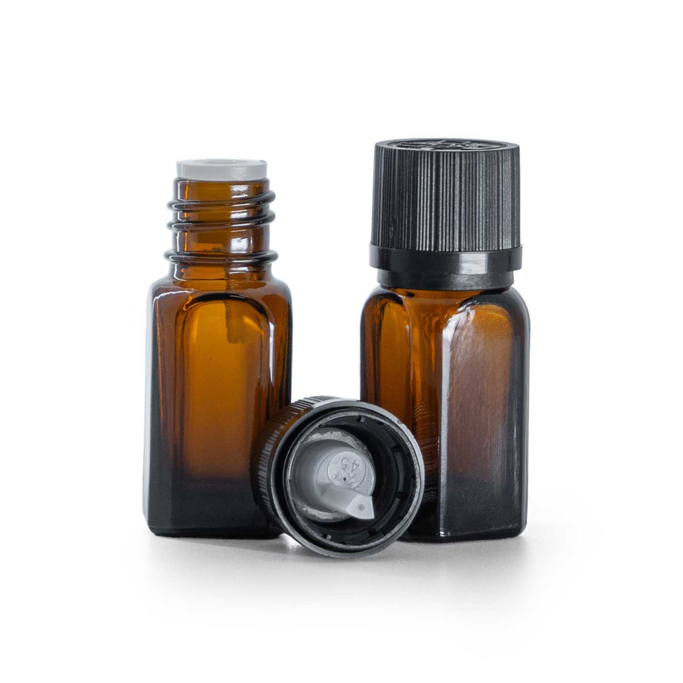 Eckige Braunglasflasche mit schwarzem Sicherheitsverschluss und Tropfeinsatz 10 ml