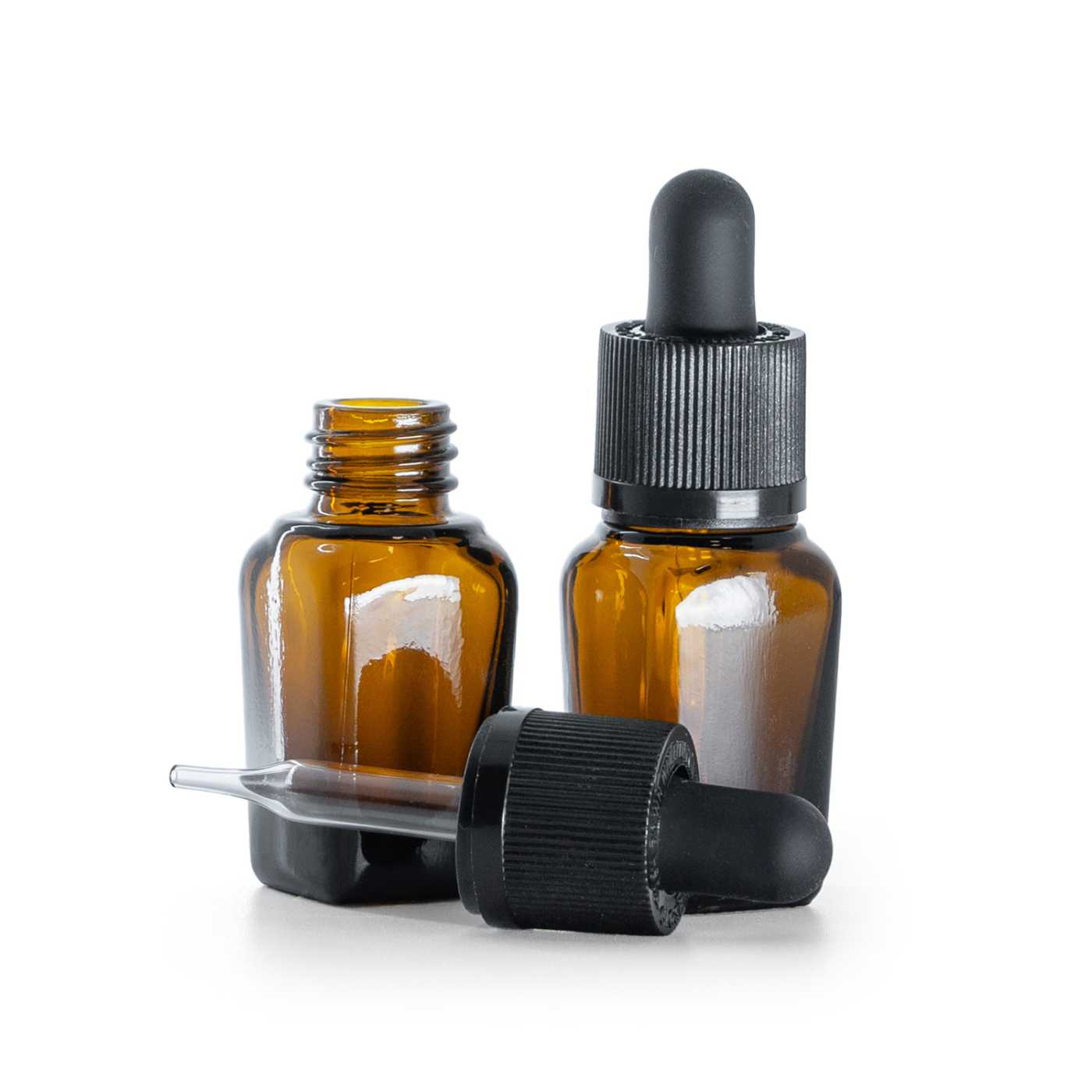Flacon en verre ambré carré, pipette avec bague d’inviolabilité, 10 ml