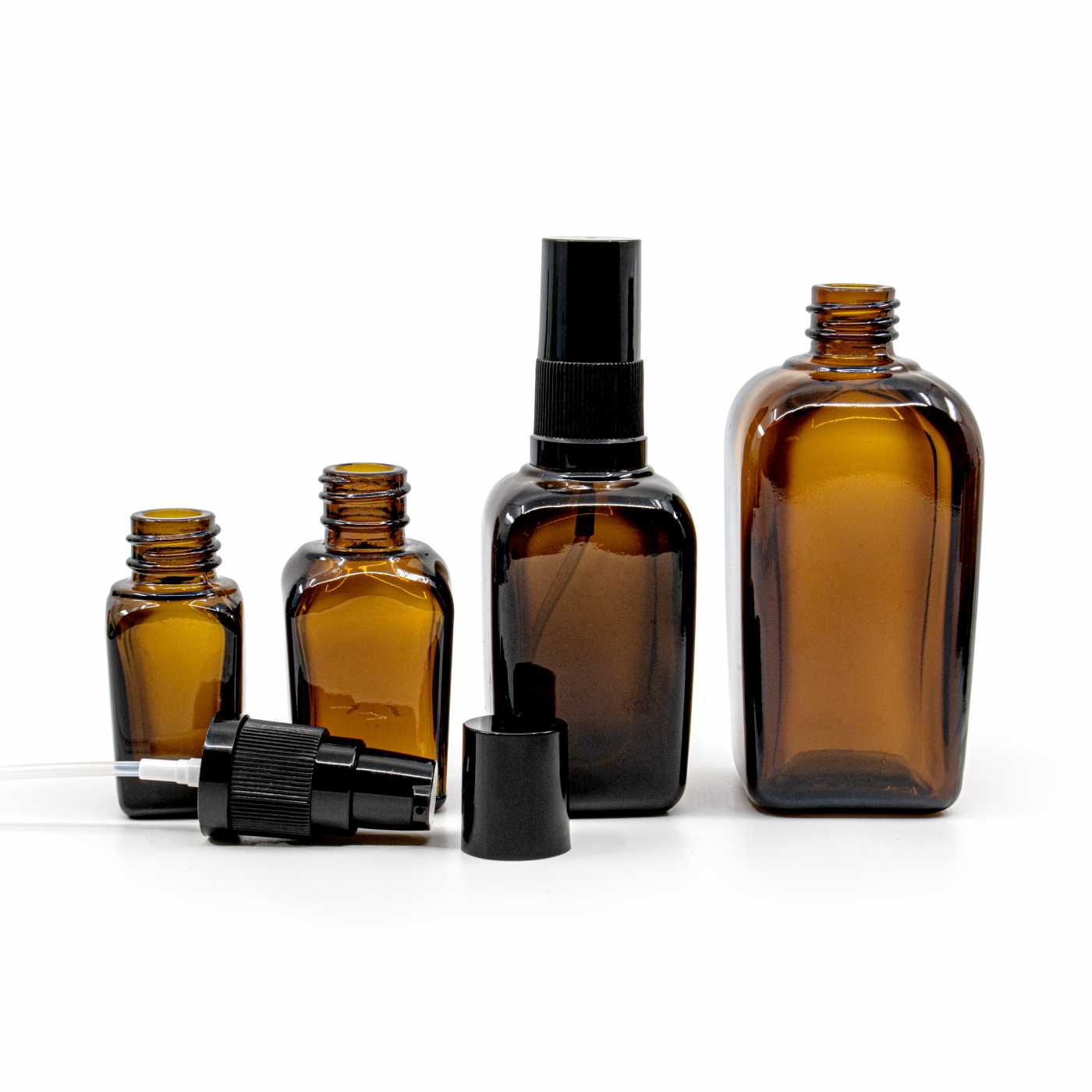 Sklenená fľaška, hranatá, dávkovač krémov, čierny vrch, 20 ml