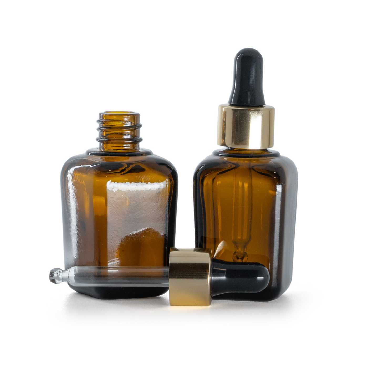 Braunglasflasche eckig mit schwarz-goldenem Pipettenverschluss 30 ml