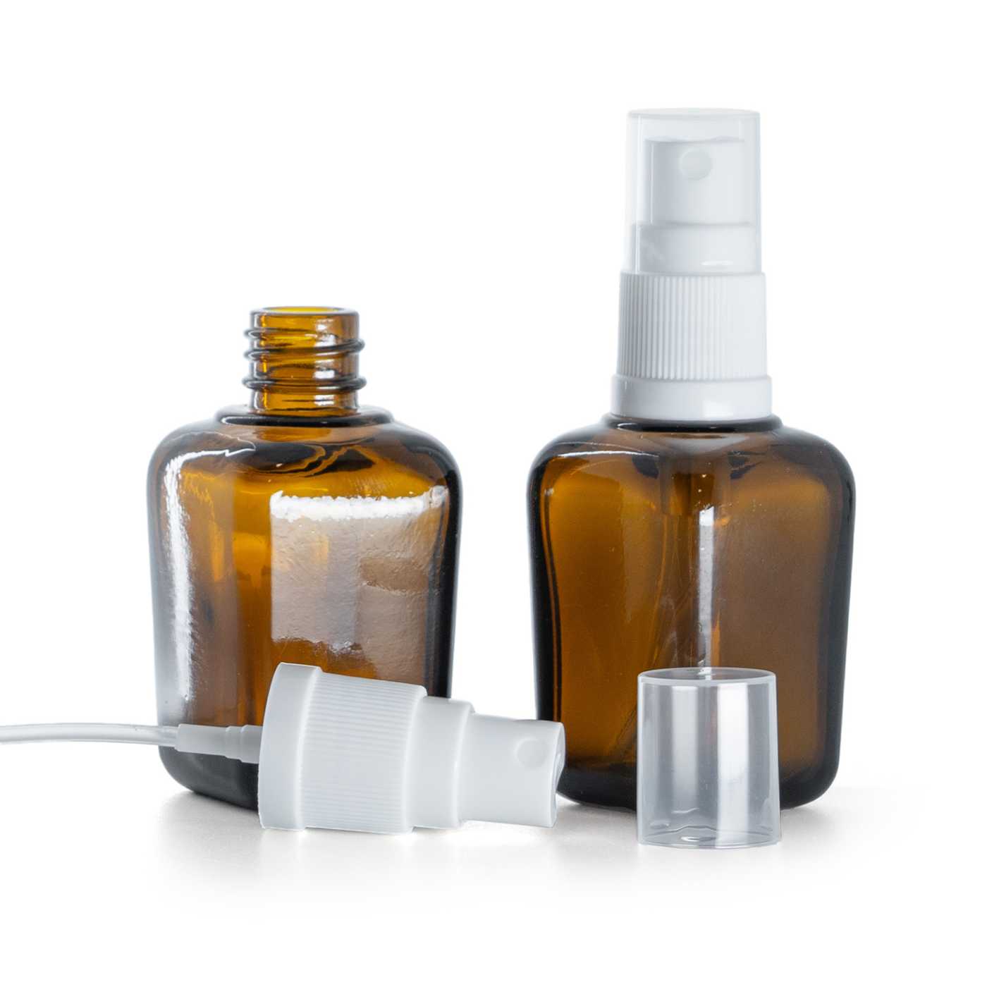 Flacon carré en verre ambré, pulvérisateur blanc, 30 ml