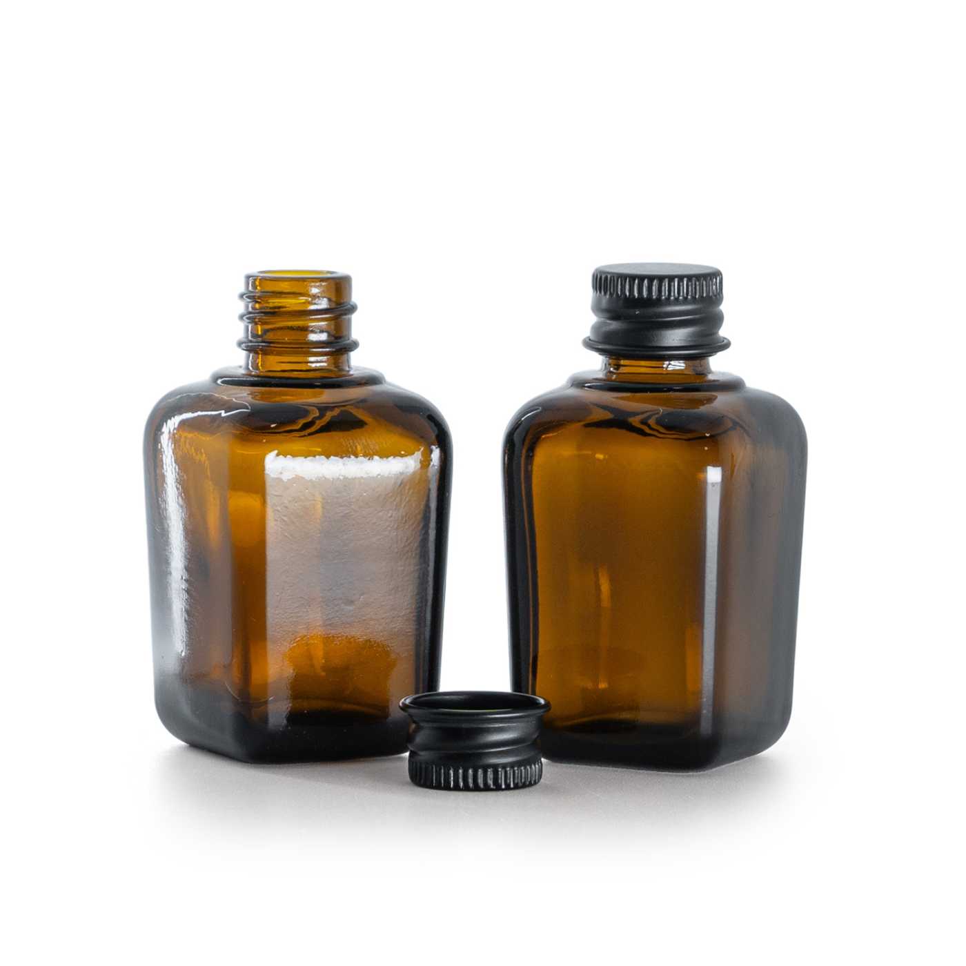 Braunglasflasche eckig mit schwarzem Aluminiumverschluss 30 ml
