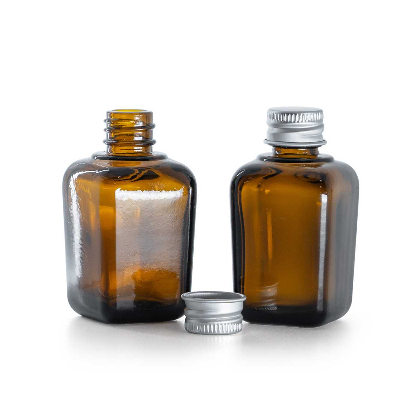 Braunglas-Quadratflasche, Aluminiumverschluss silber, 30 ml