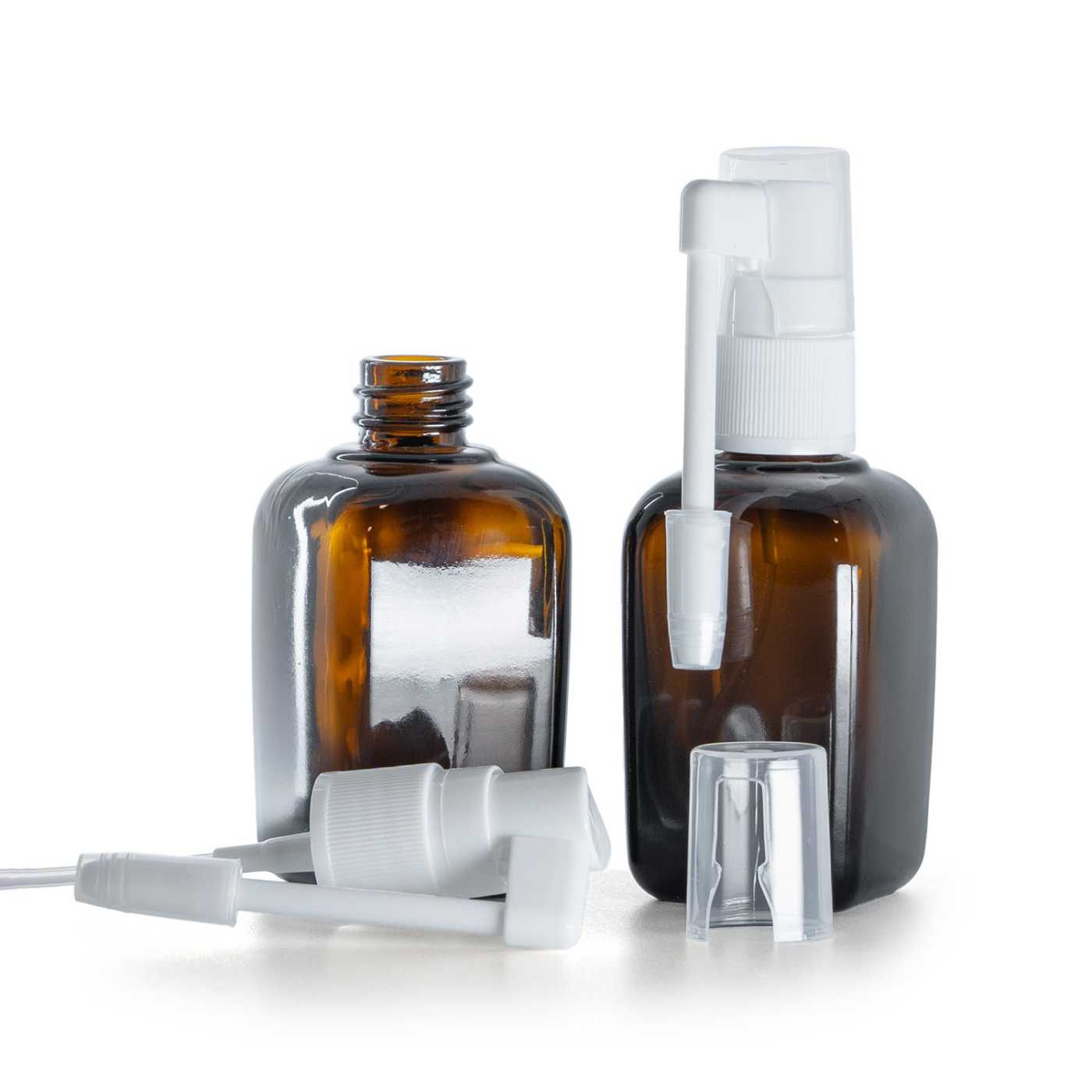 Flacon carré en verre ambré avec pulvérisateur buccal blanc 45 ml
