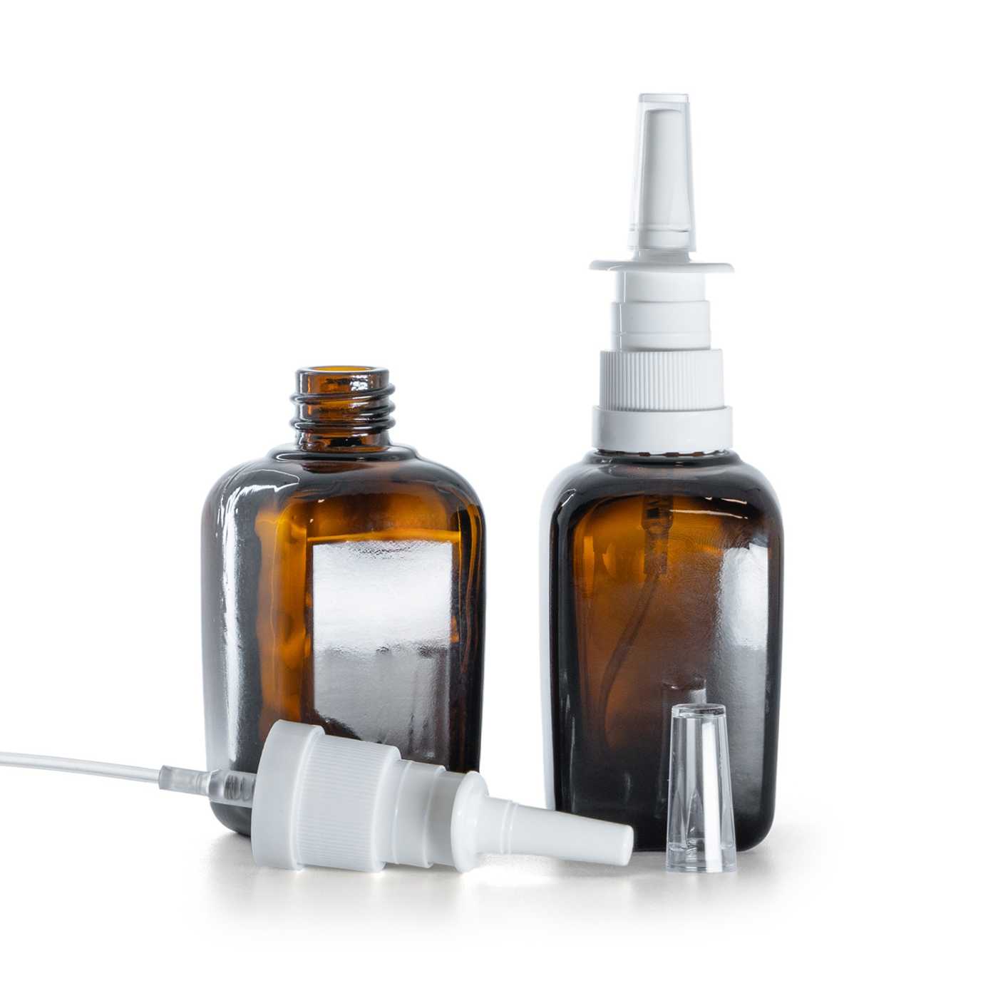 Amber Glass Square Bottle, White Nasal Spray, 45 ml