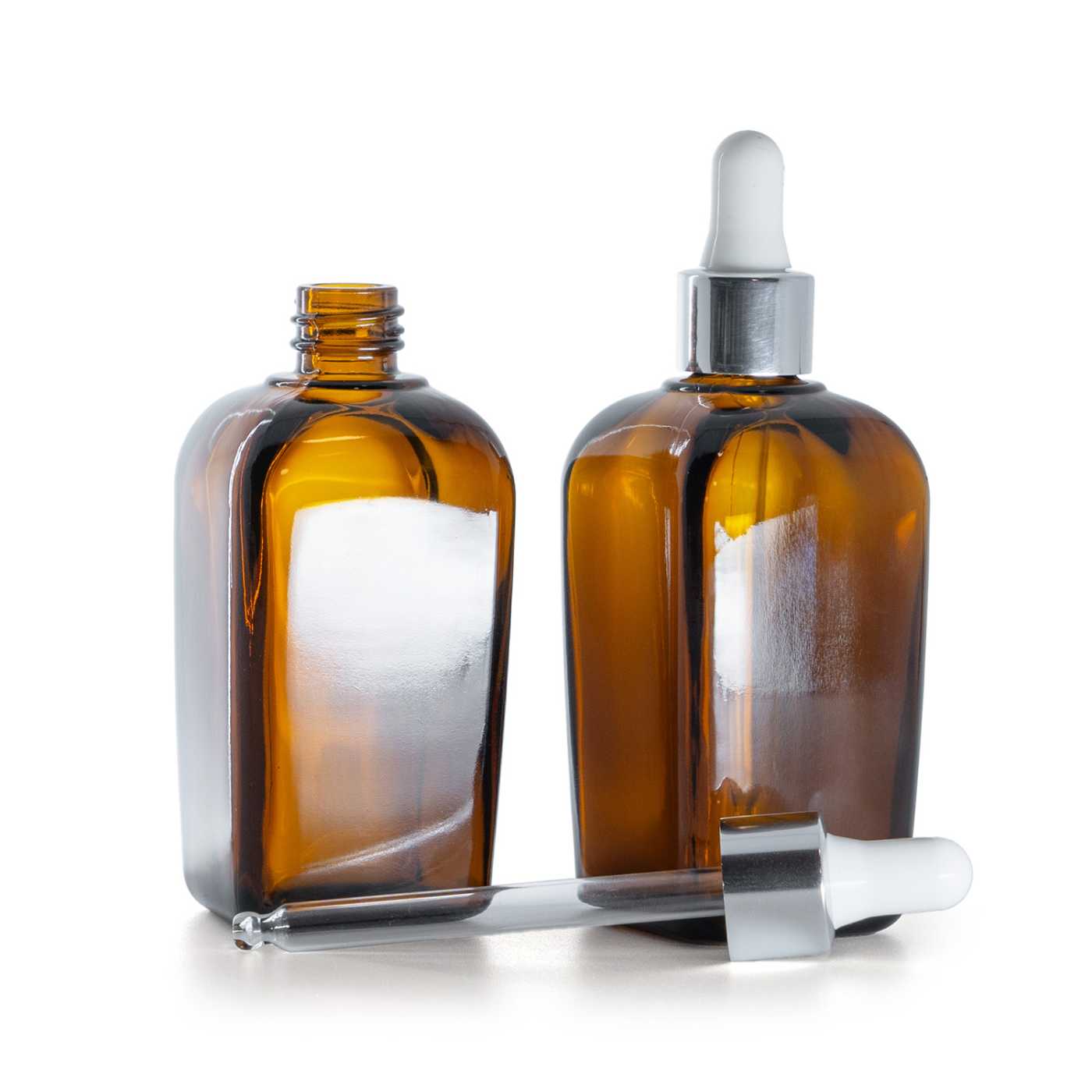 Sklenená fľaška hranatá,  strieborné lesklé kvapátko, 90 ml