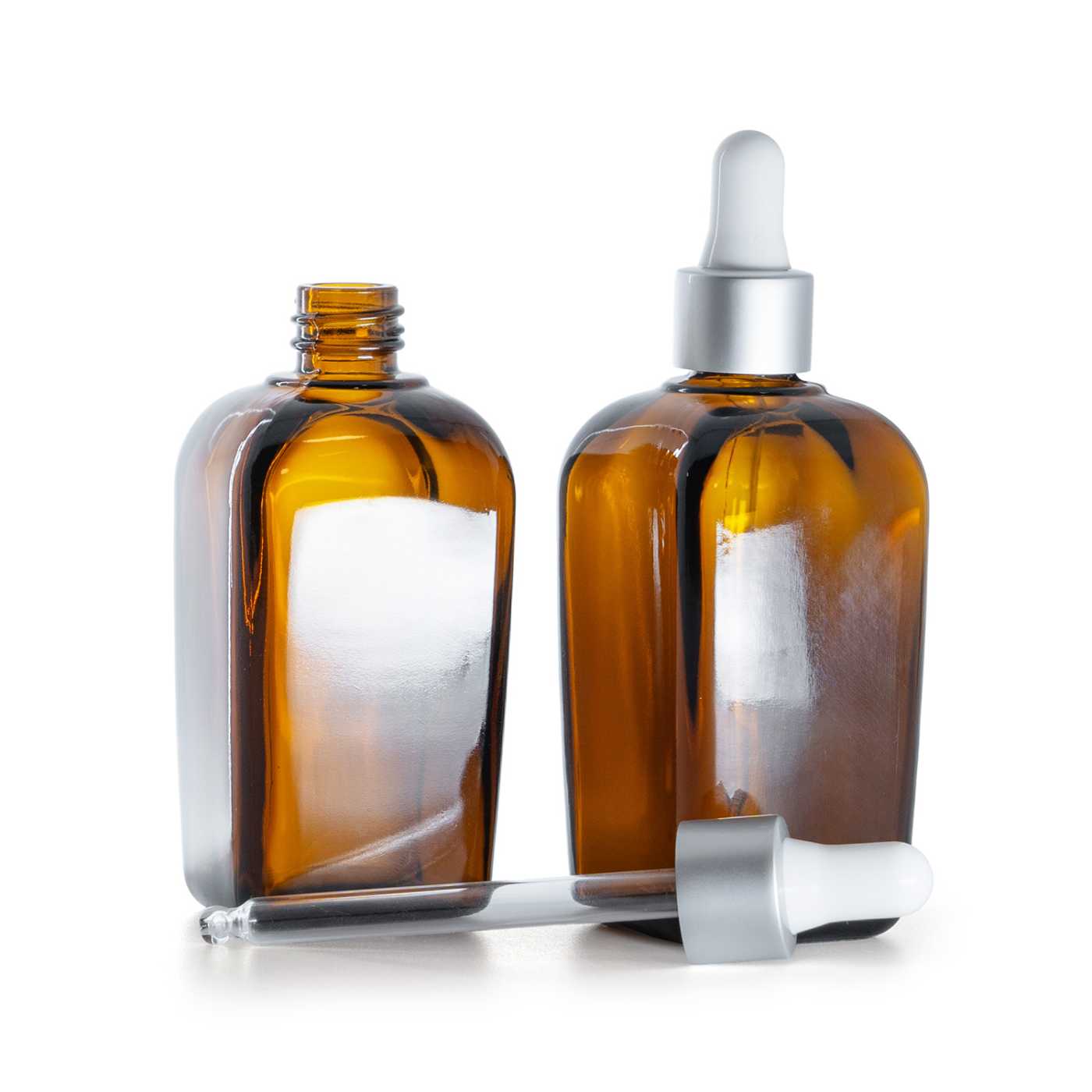Sklenená fľaška, hranatá, strieborné matné kvapátko, 90 ml