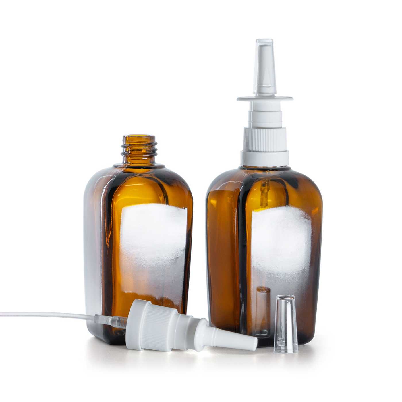 Sklenená fľaška, hranatá, sprej do nosa, 90 ml