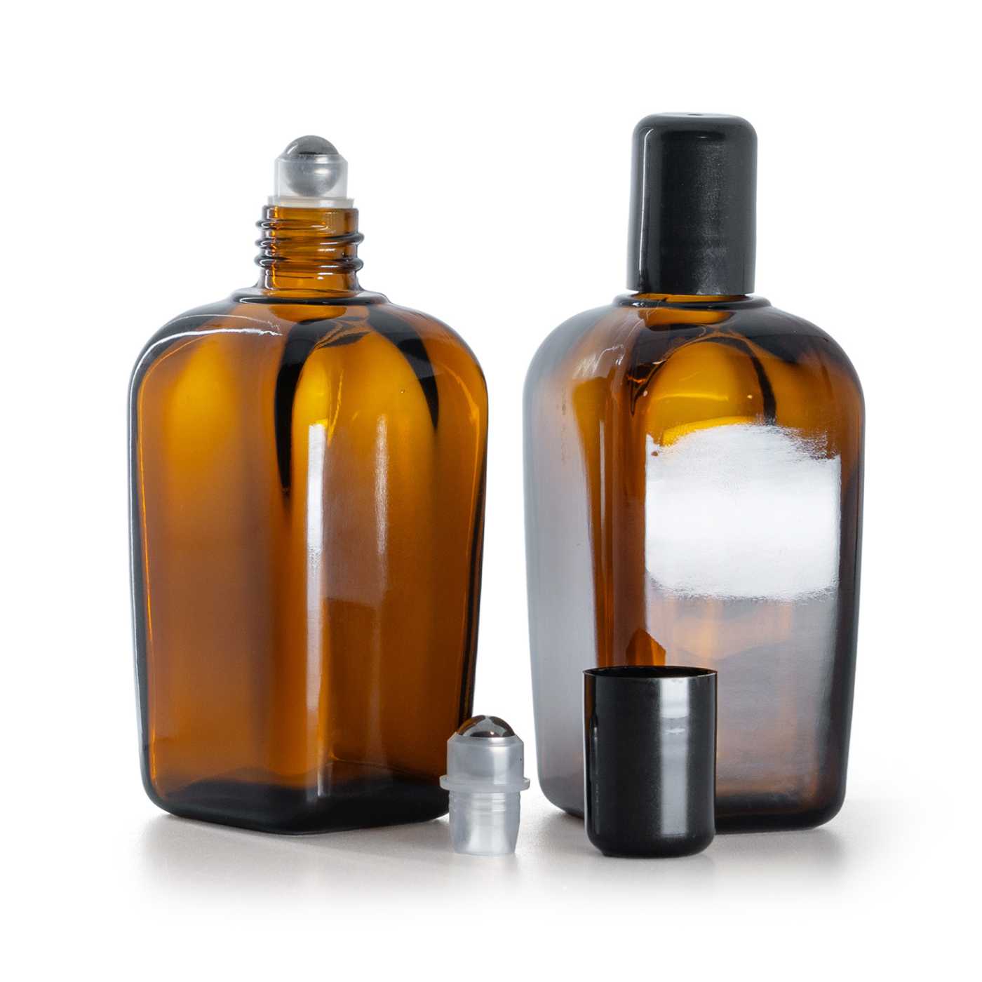Flacon en verre ambré, carré, roll-on, 90 ml