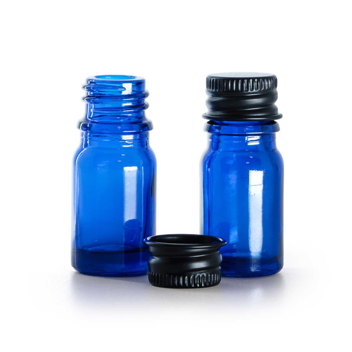 Kék üvegpalack, fekete alumínium kupak, 5 ml