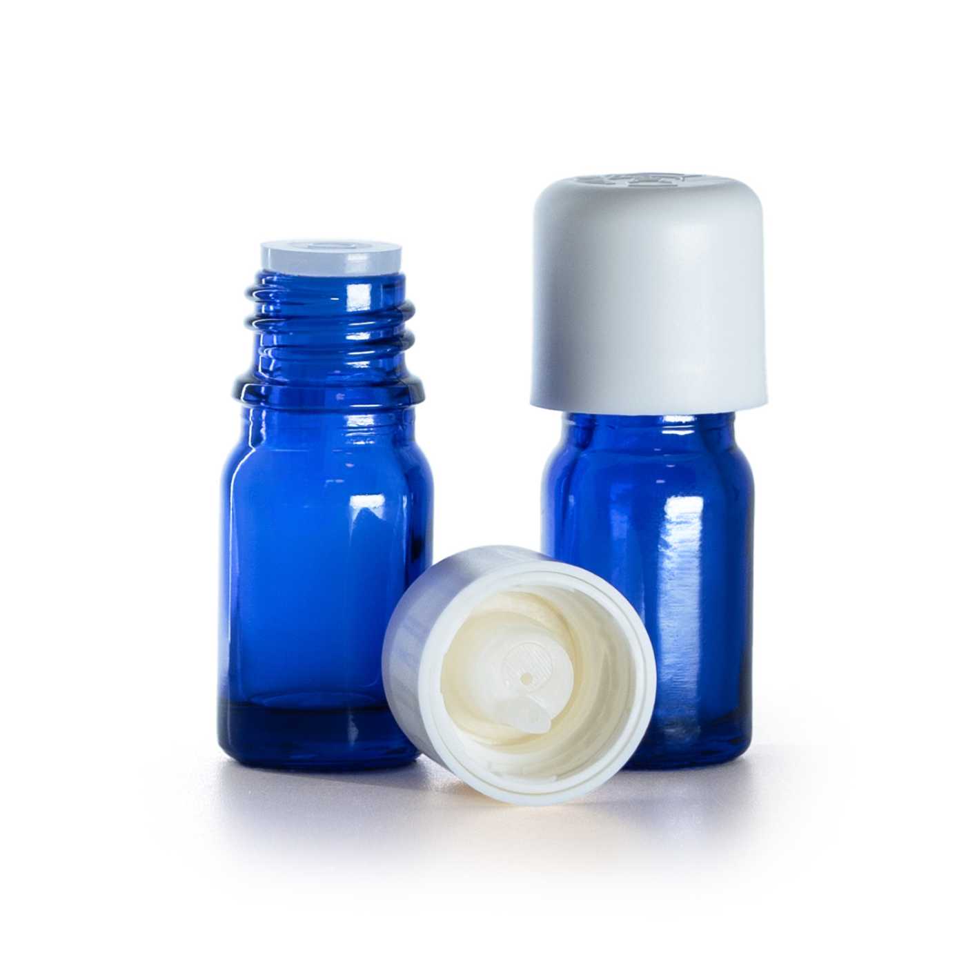 Kék üvegfiola fehér biztonsági kupakkal, 5 ml
