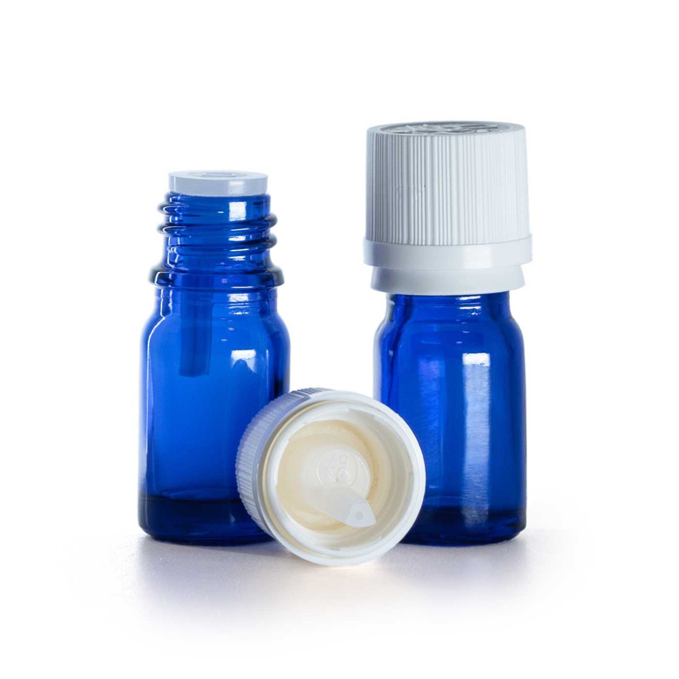 Kék üvegpalack fehér, garanciás biztonsági kupakkal, 5 ml