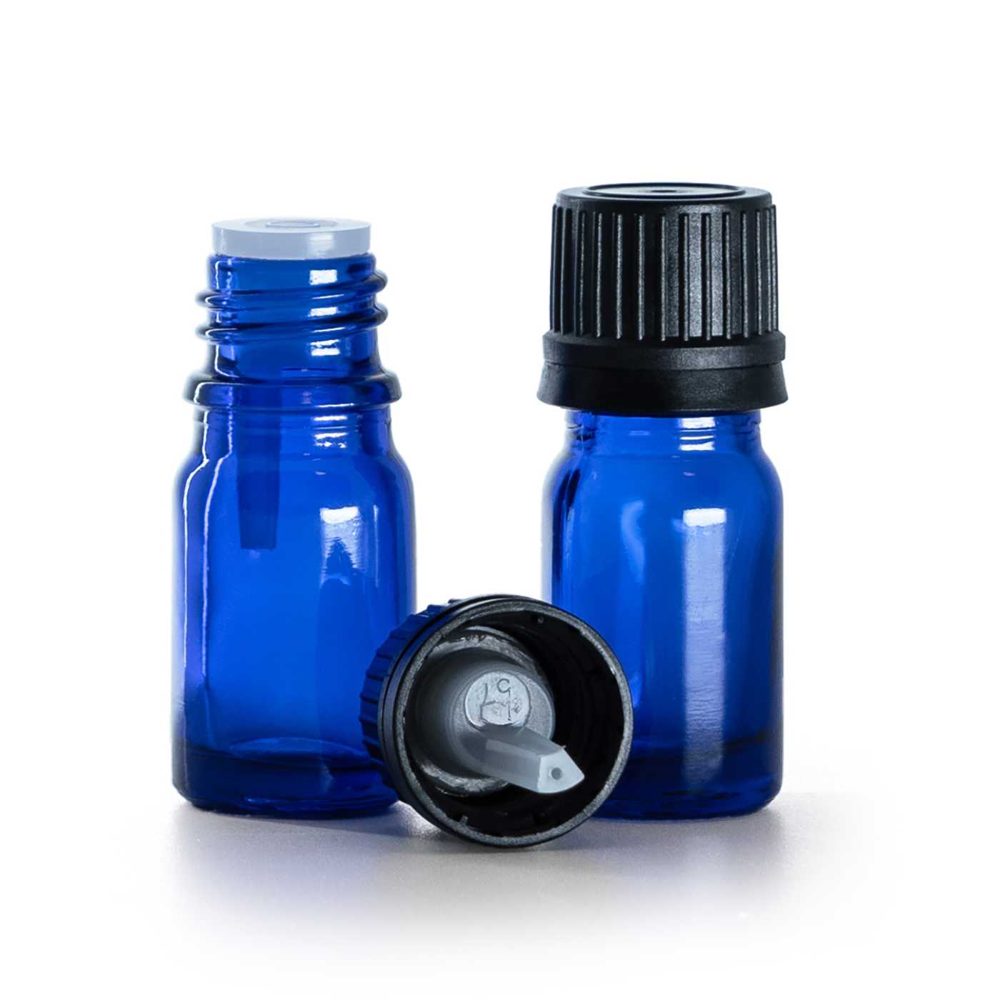 Kék üvegcse, fekete kupak pipettával, 5 ml