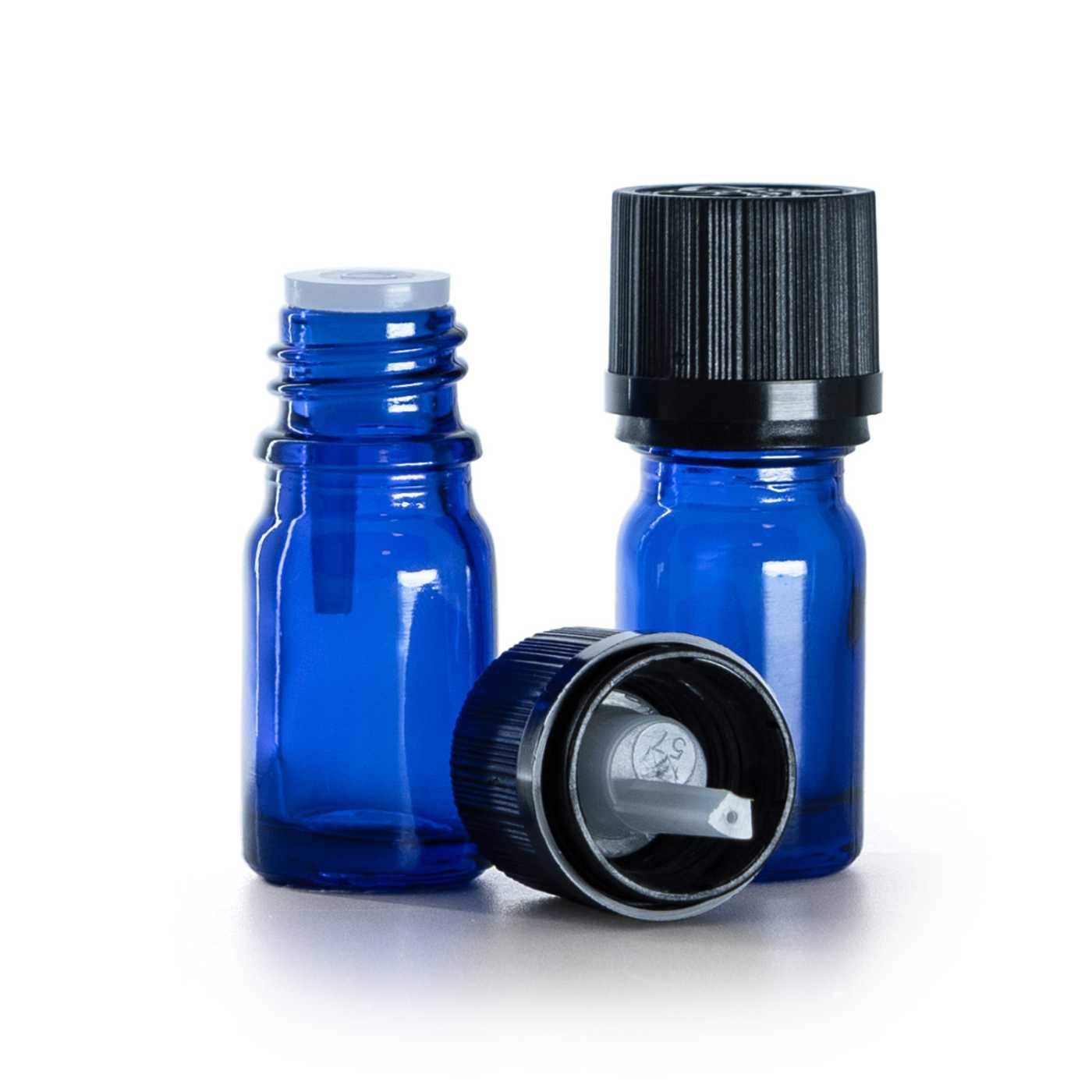 Flacon en verre bleu avec bouchon sécurité noir et compte-gouttes 5 ml
