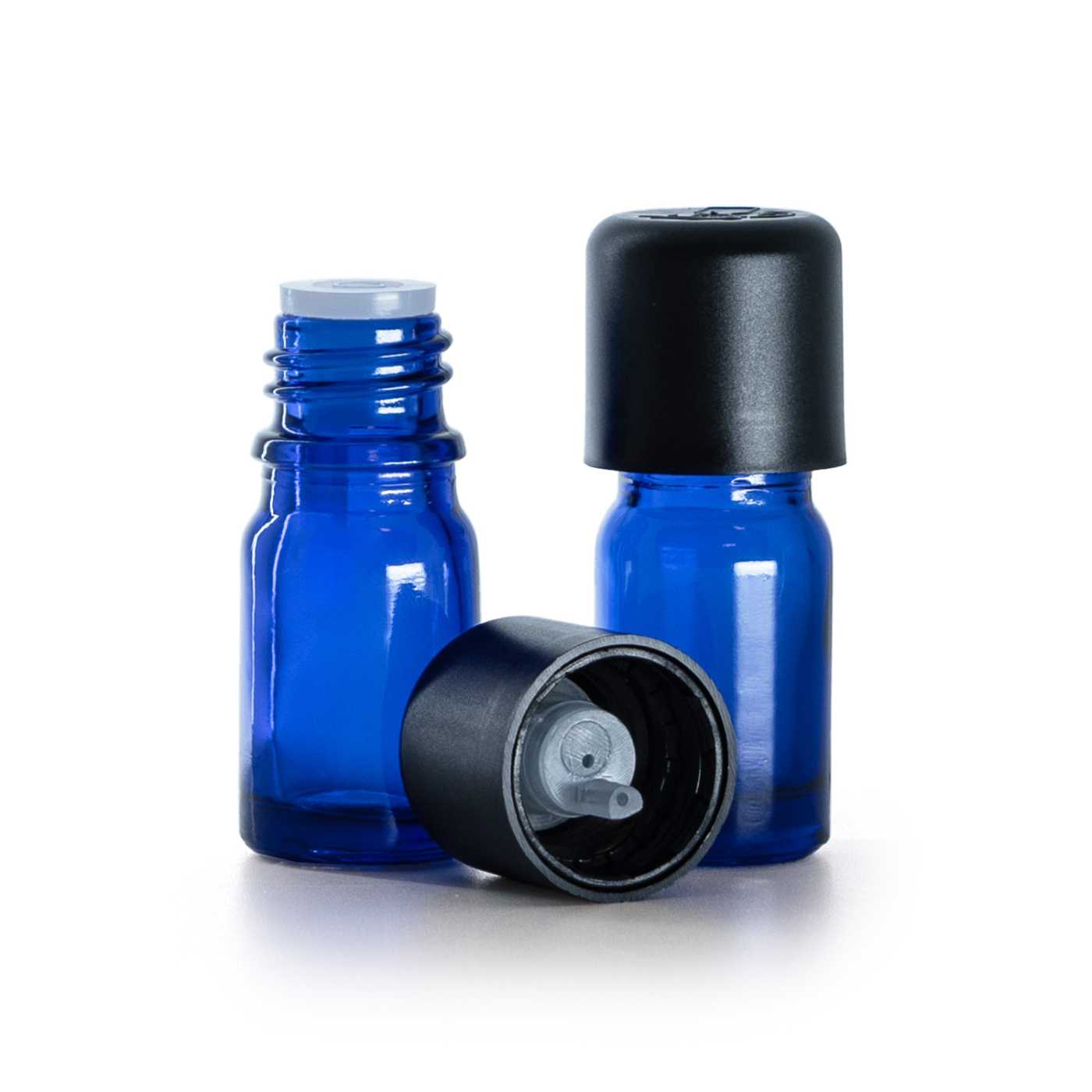 Kék üvegpalack fekete, garanciazáras kupakkal, 5 ml