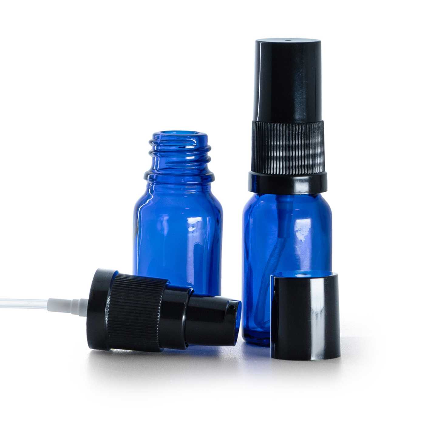 Kék üvegpalack, krémpumpa fekete kupakkal, 10 ml