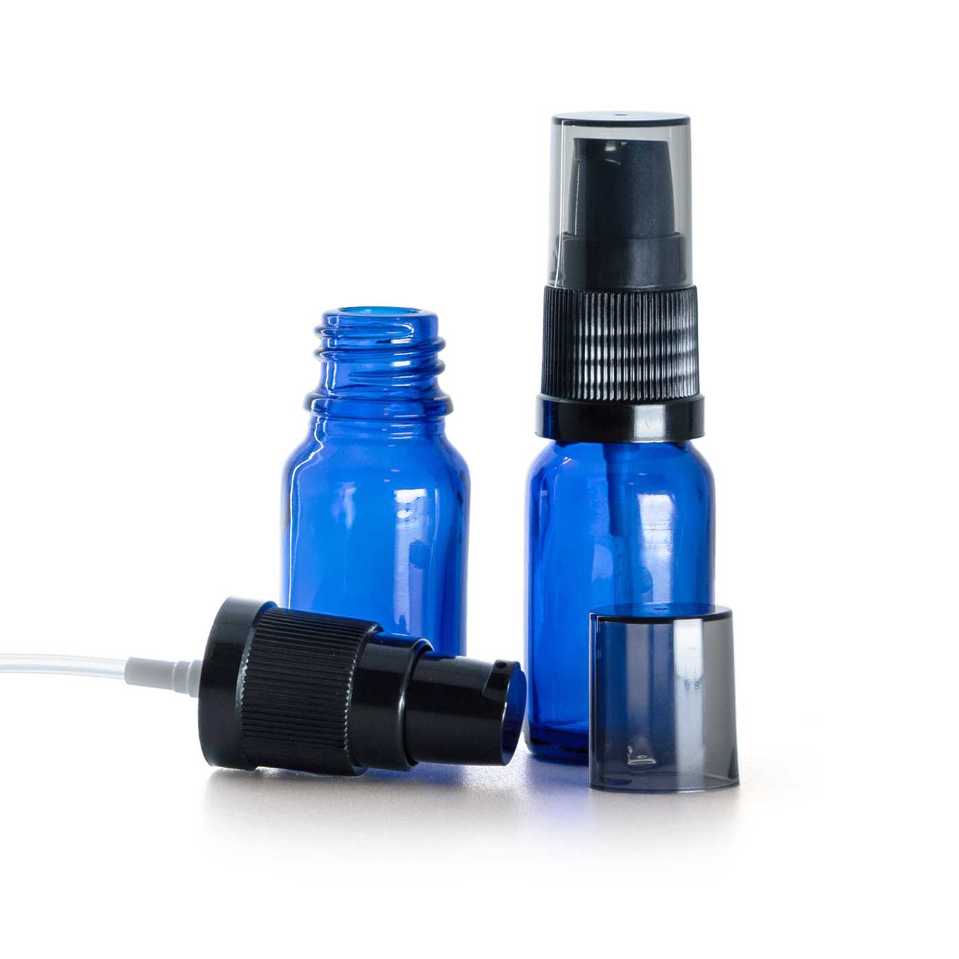 Flacon en verre bleu, distributeur de crème avec surcapuchon fumé, 10 ml
