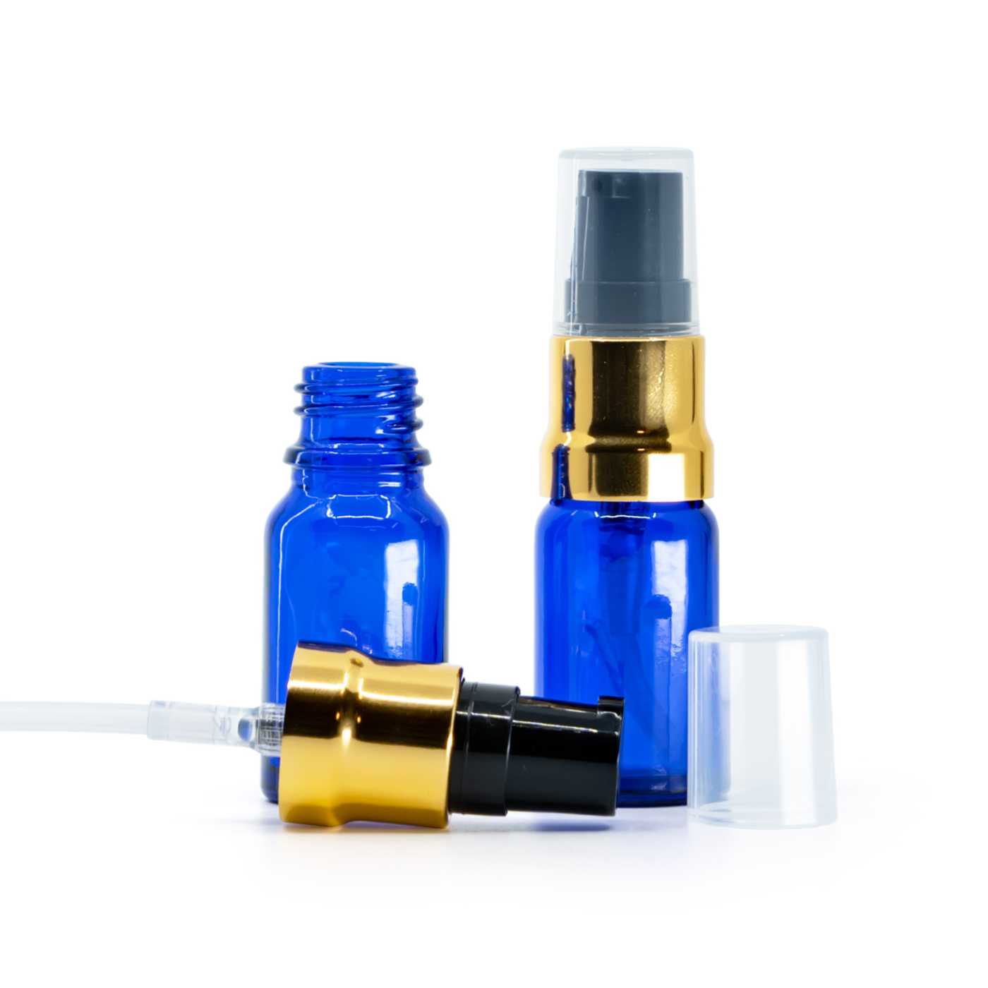 Kék üvegpalack fekete-arany fényes pumpával, áttetsző kupakkal, 10 ml