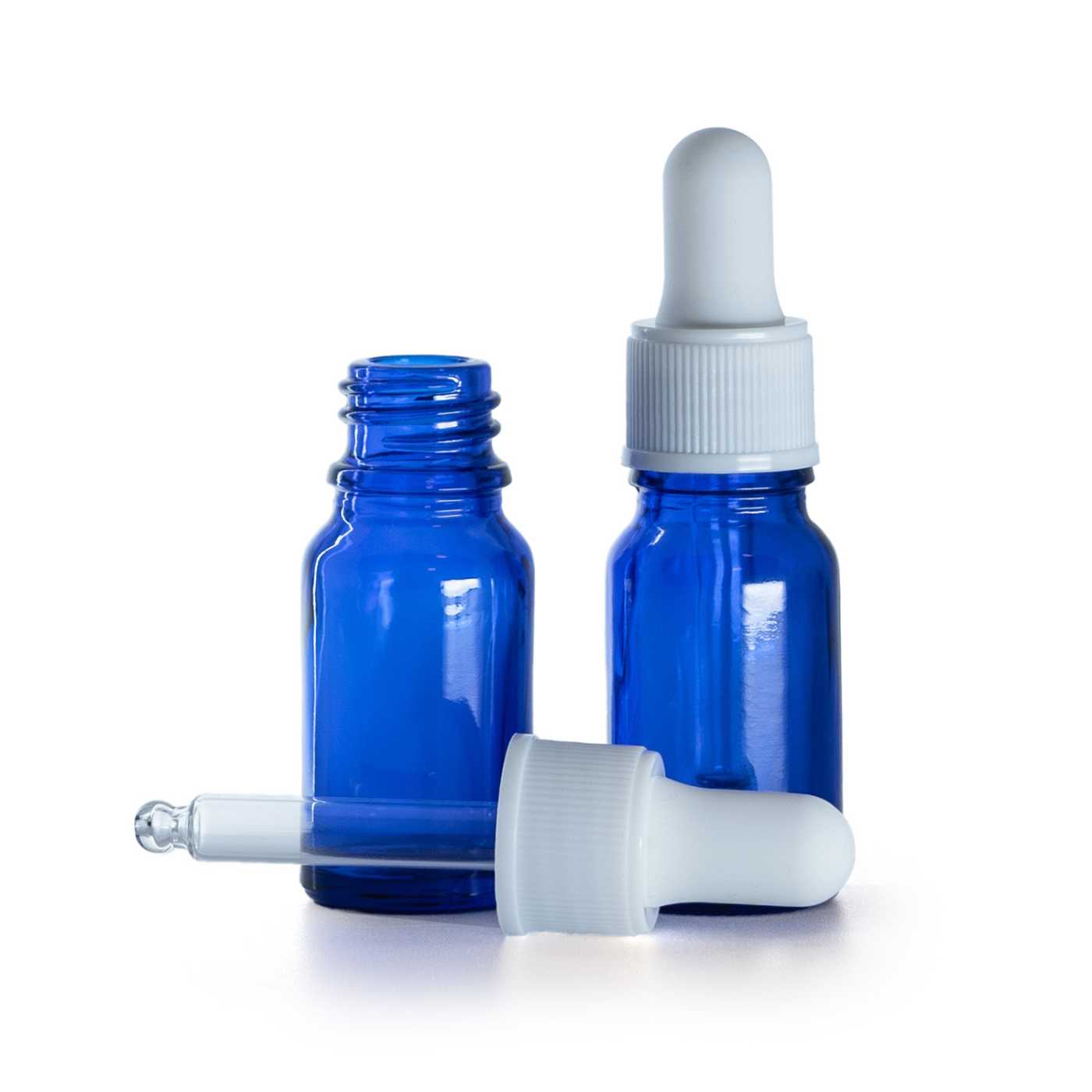 Kék üvegpalack matt fehér cseppentős kupakkal 10 ml