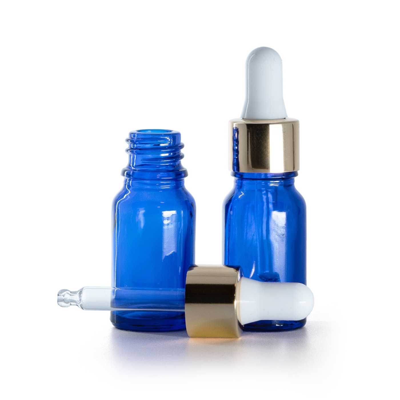 Sklenená fľaška, modrá, bielo-zlaté kvapátko, 10 ml