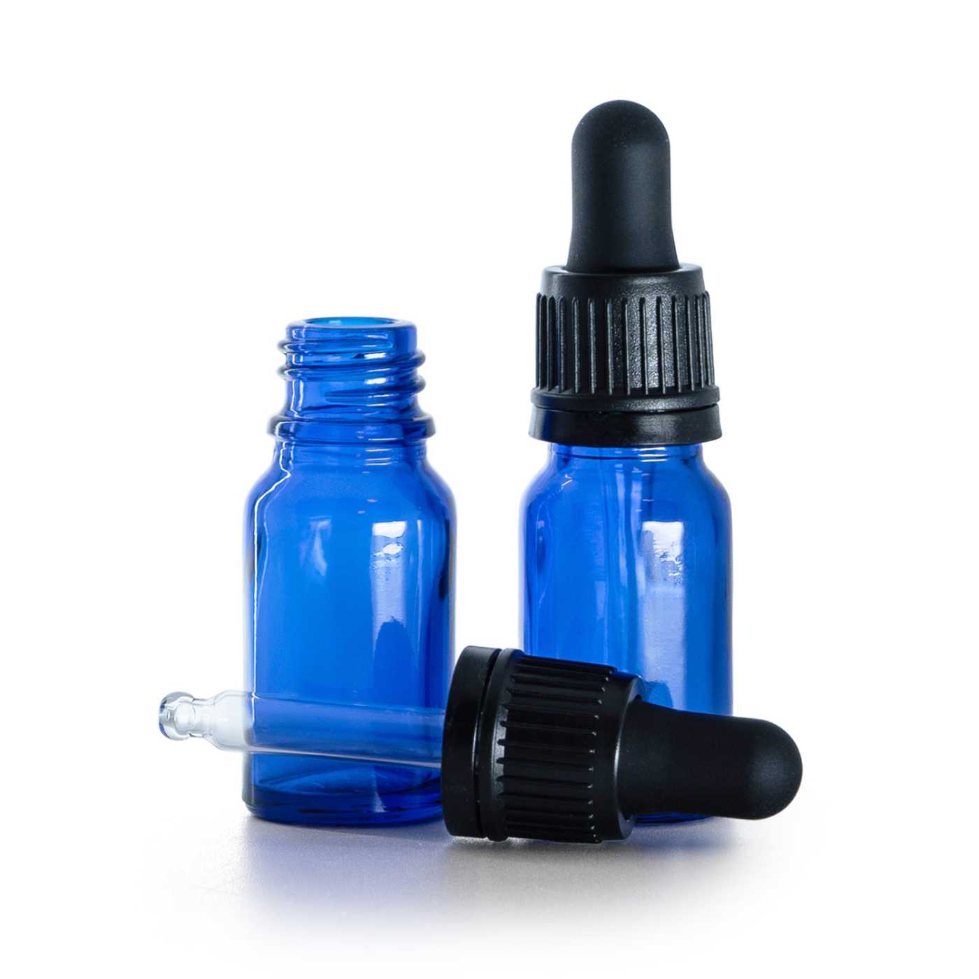 Kék üvegpalack fekete, garanciazáras cseppentővel, 10 ml