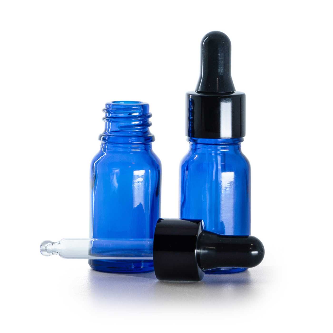 Sklenená fľaška, modrá, čierne lesklé kvapátko, 10 ml