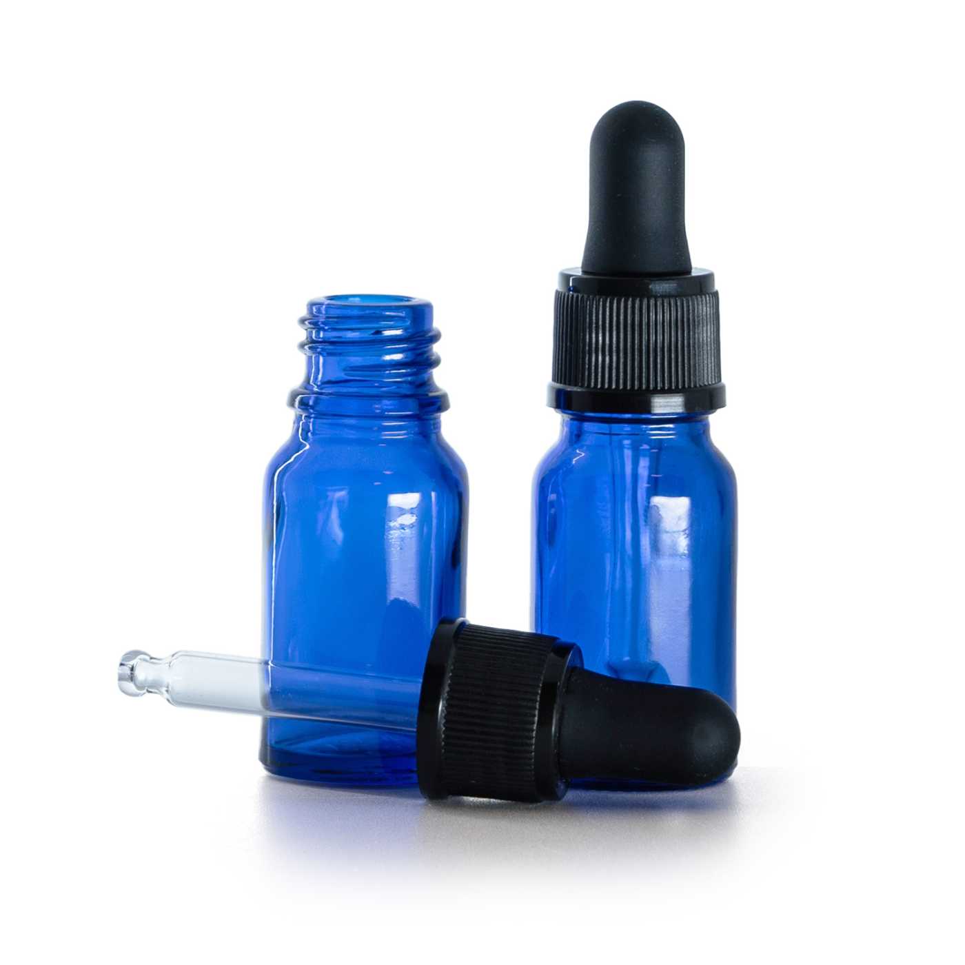 Kék üvegpalack fekete pipettával 10 ml