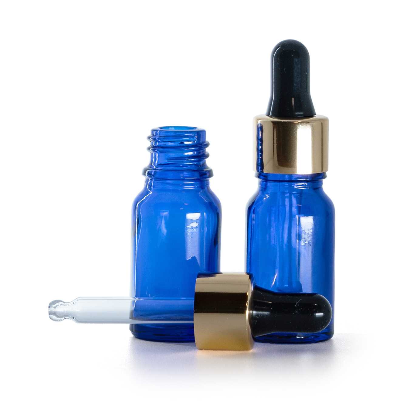 Flacon en verre bleu avec pipette noir et or 10 ml