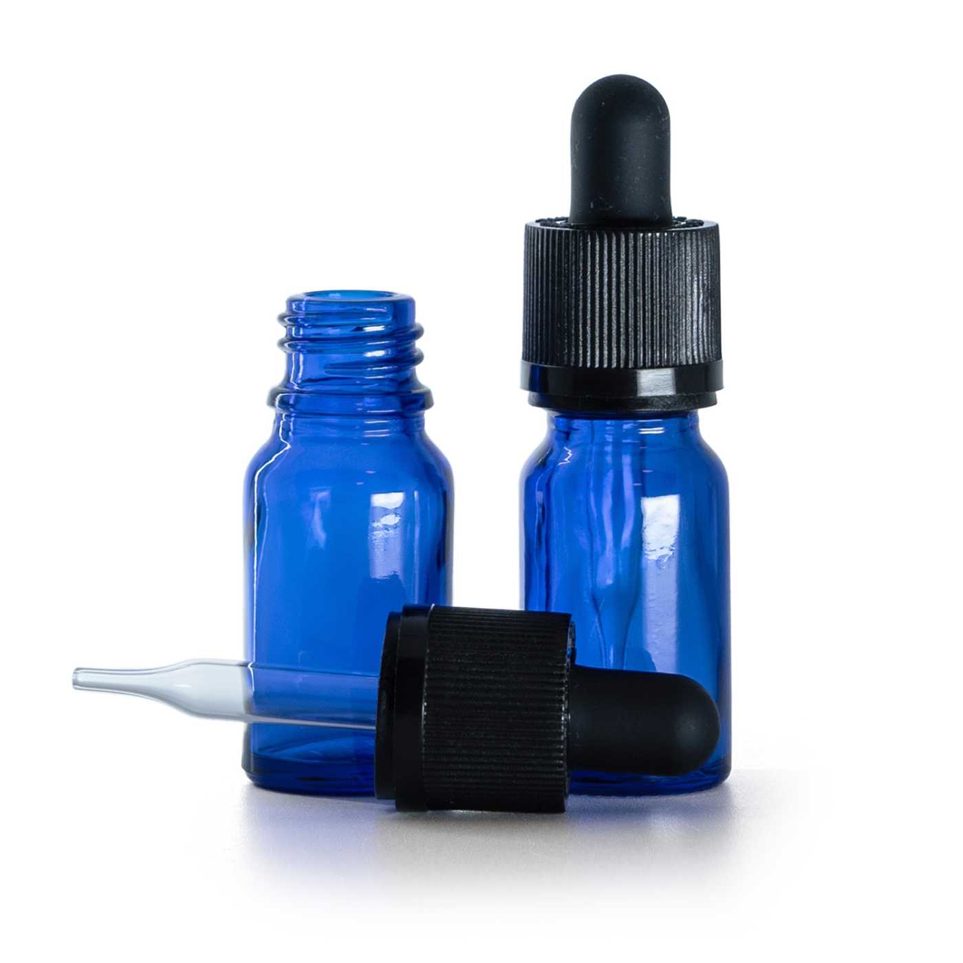 Flacon compte-gouttes en verre bleu avec pipette inviolable, 10 ml