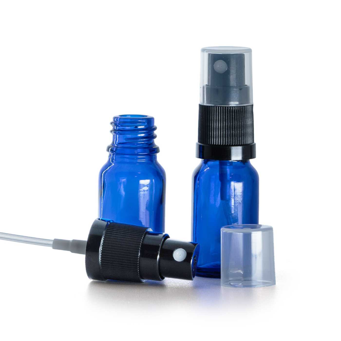 Butelka szklana, niebieska, czarny atomizer, 10 ml