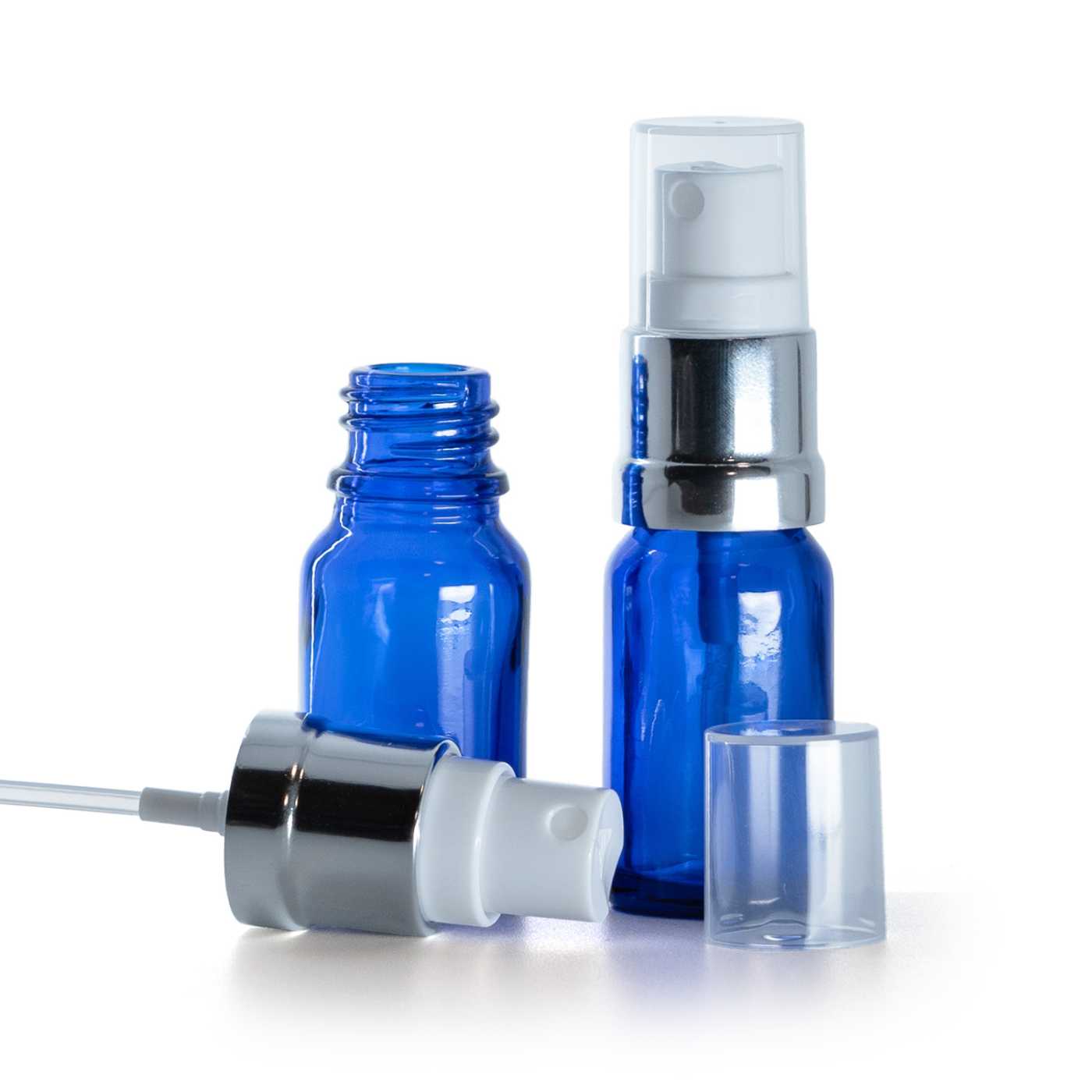 Butelka szklana, niebieska, biało-srebrny atomizer, 10 ml