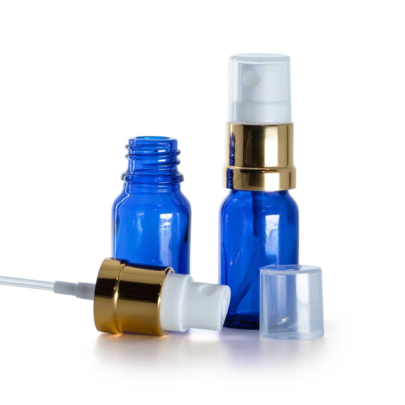 Kék üvegpalack fehér-arany permetezővel, 10 ml