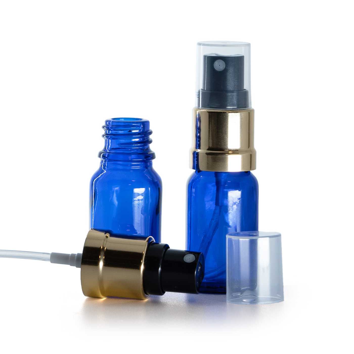 Flacon en verre bleu avec pompe spray noir et or, 10 ml