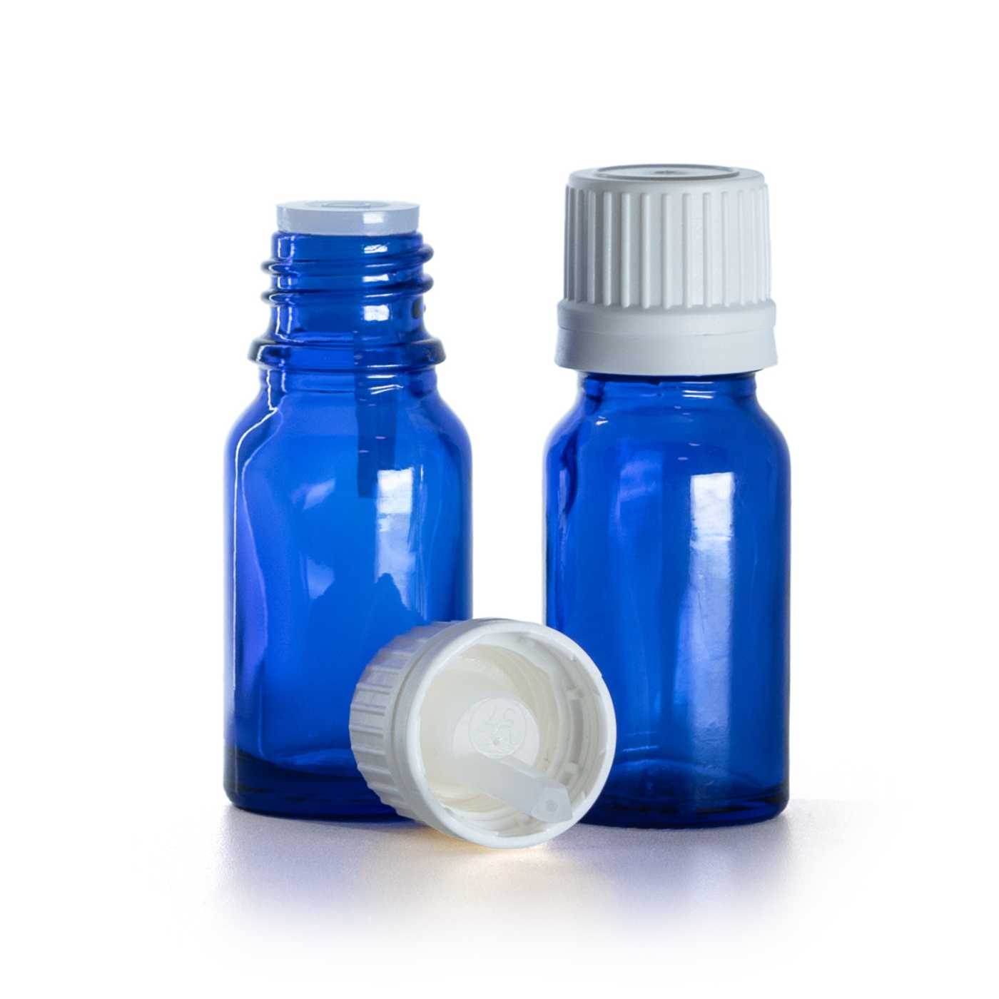 Kék üvegcse, fehér kupak cseppentő betéttel, 10 ml