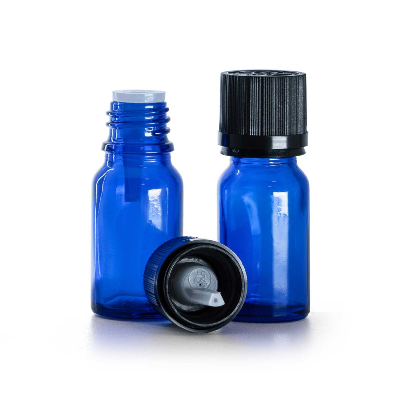 Flacon en verre bleu, bouchon sécurité noir avec compte-gouttes, 10 ml