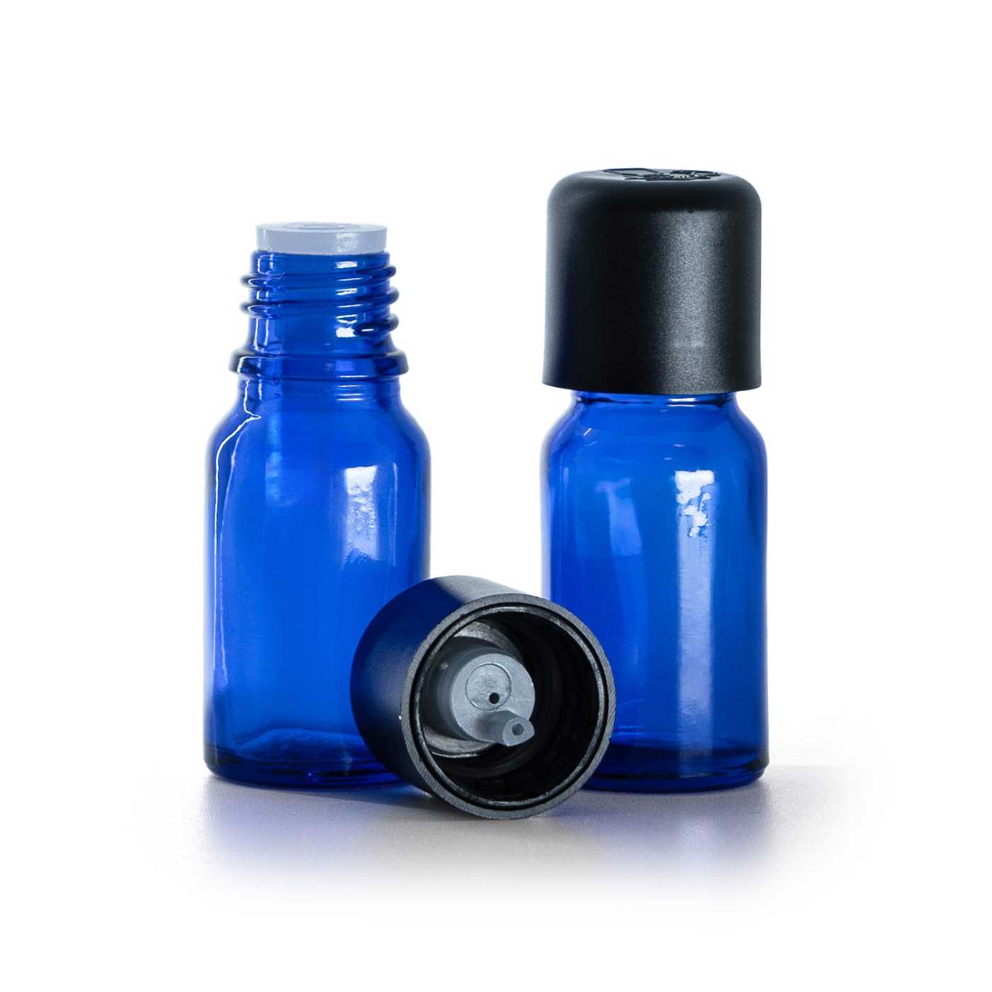 Kék üvegpalack, fekete biztosító kupak cseppentővel, 10 ml